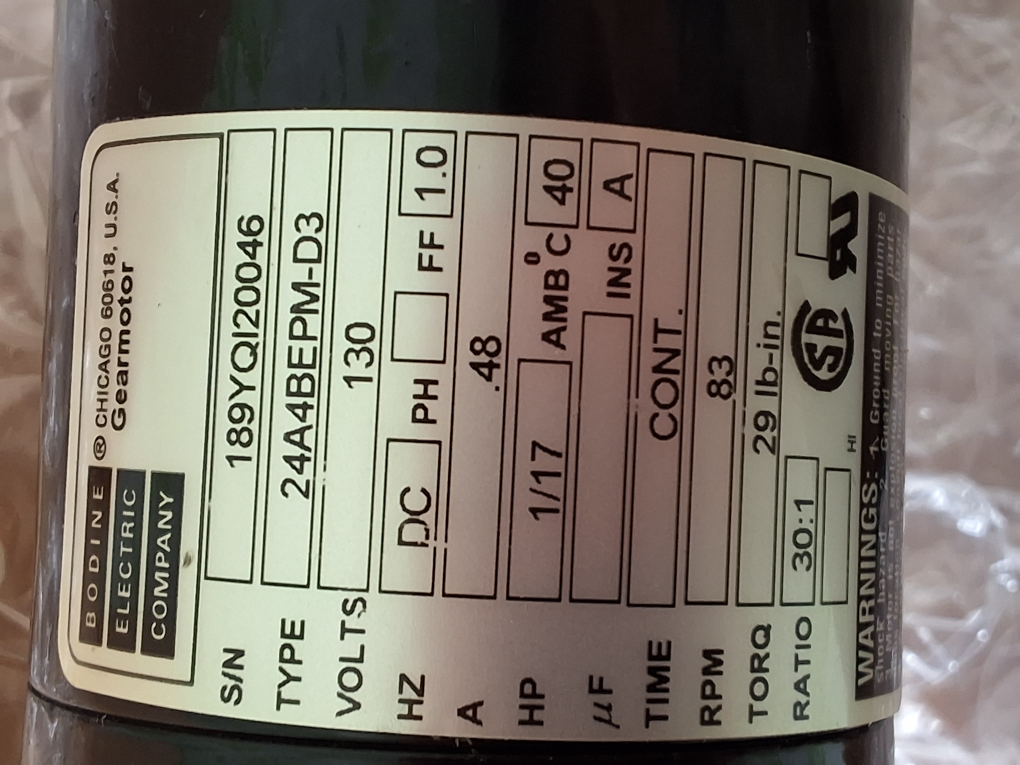 Used BODINE 24A4BEPM-D3 DC GEAR MOTOR 