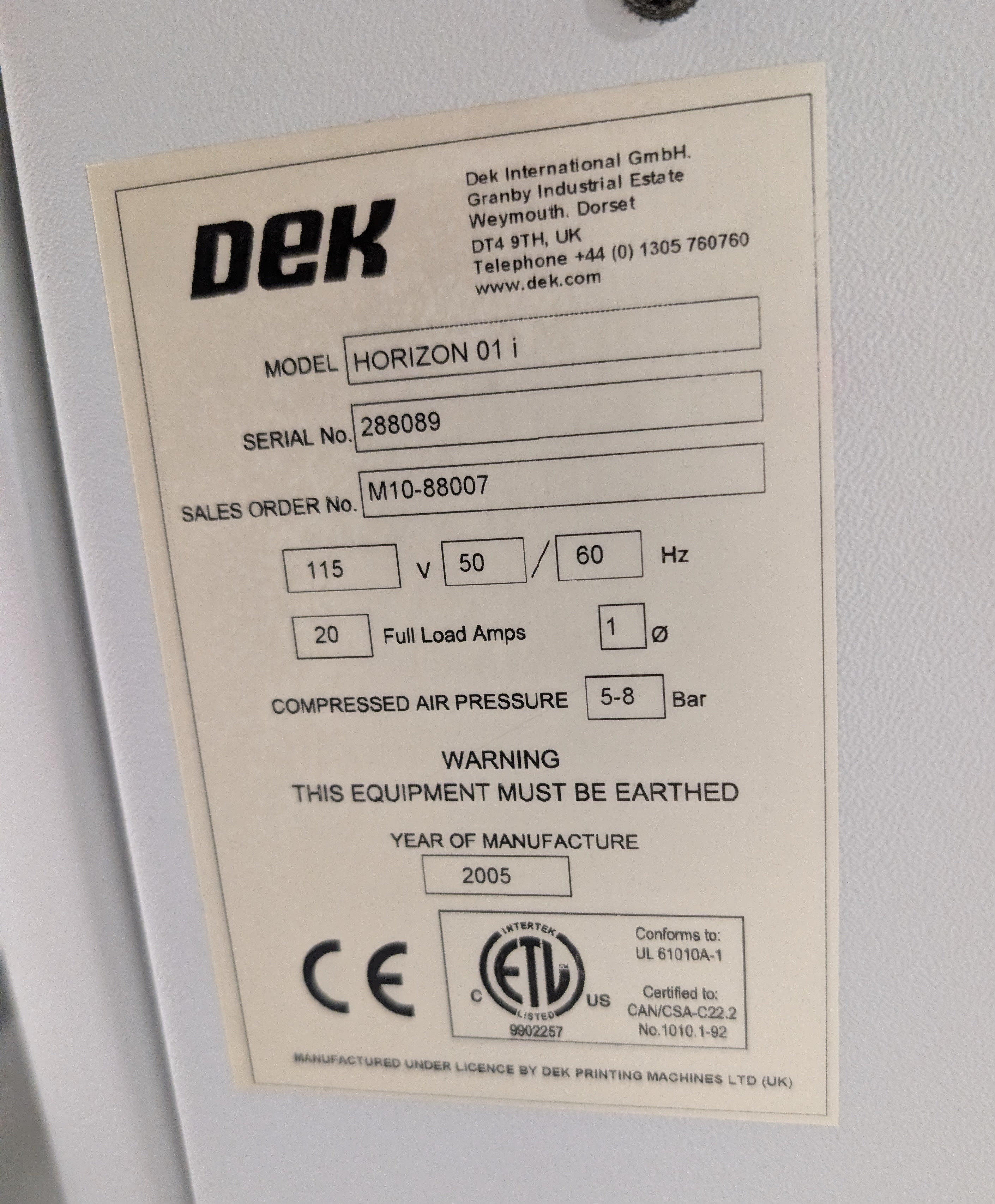 Used Dek Horizon 01i Stencil Printer