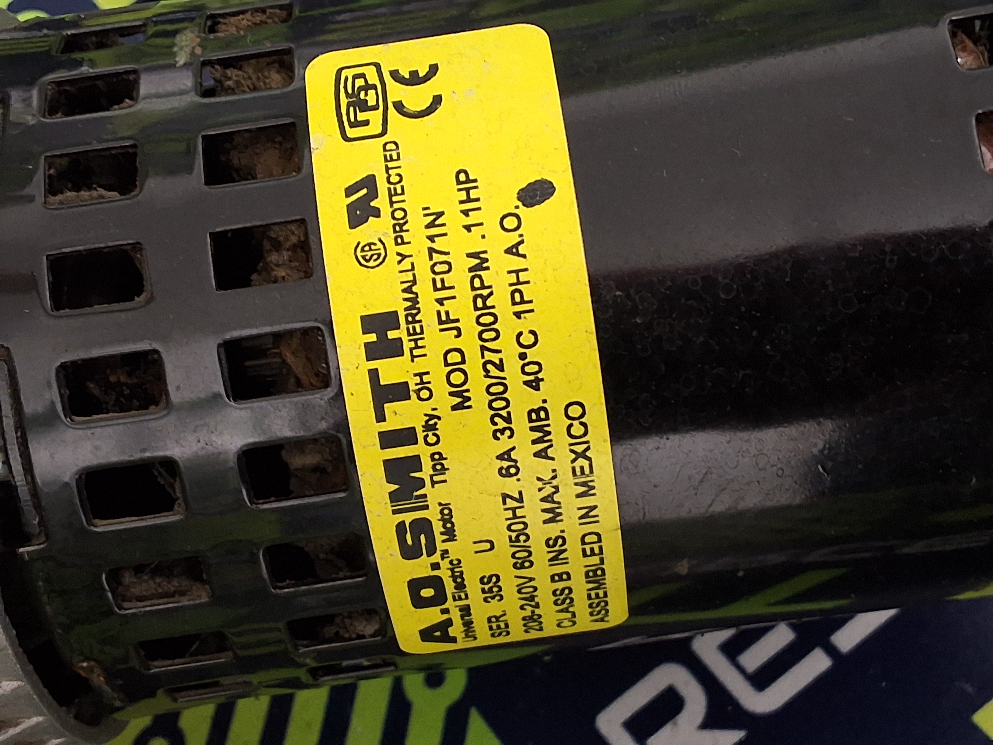 Used A.O. SMITH JF1F071N CONVECTION BLOWER DRIVE MOTOR & CAGE FAN