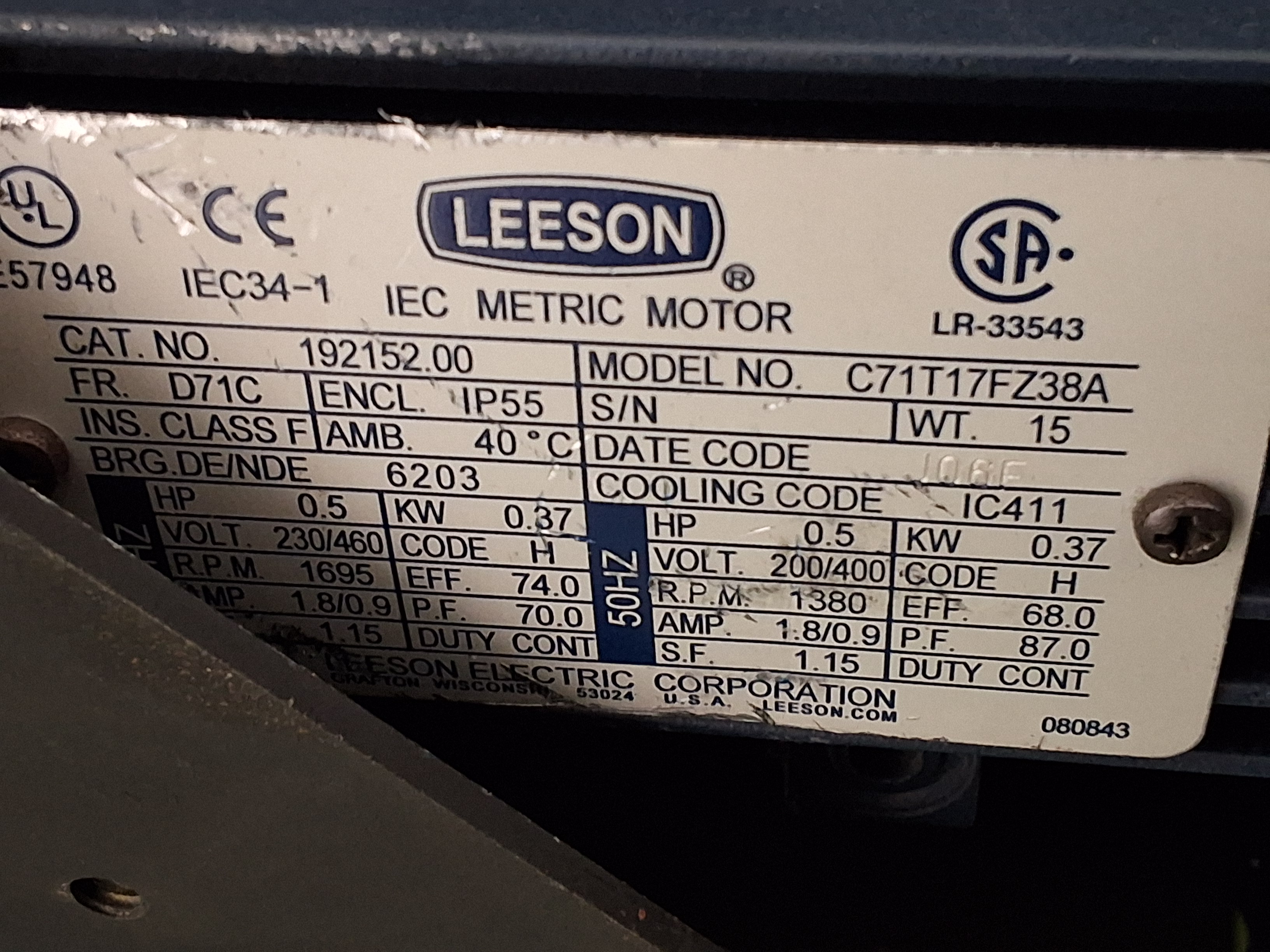 Used LEESON C71T17FZ38A / 192152.00 IEC METRIC MOTOR 60/50Hz