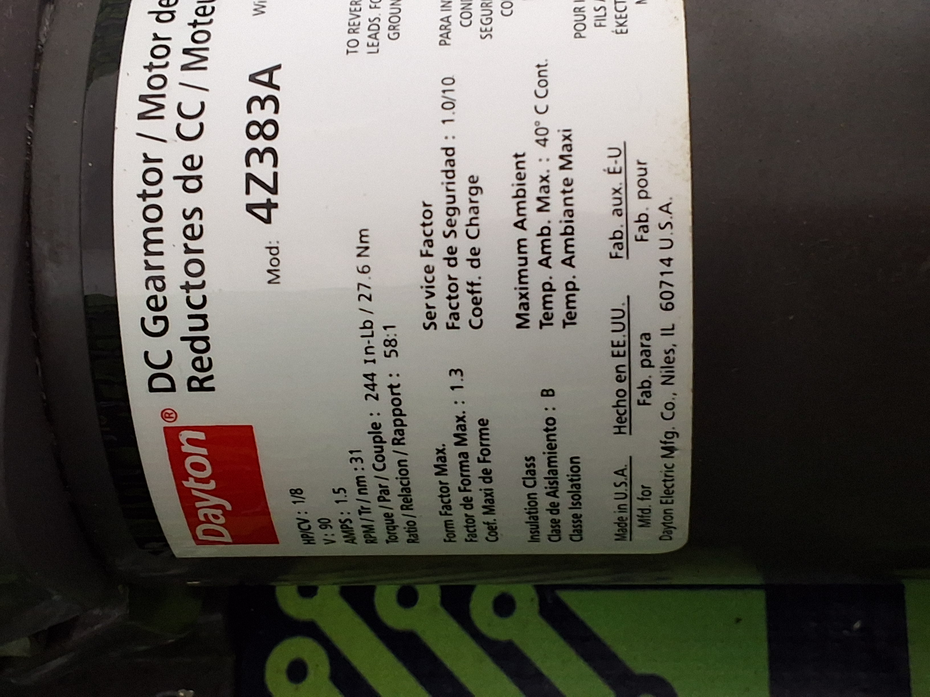 Used DAYTON 4Z383A DC GEARMOTOR 1/8HP 90V 31RPM 1.5A 