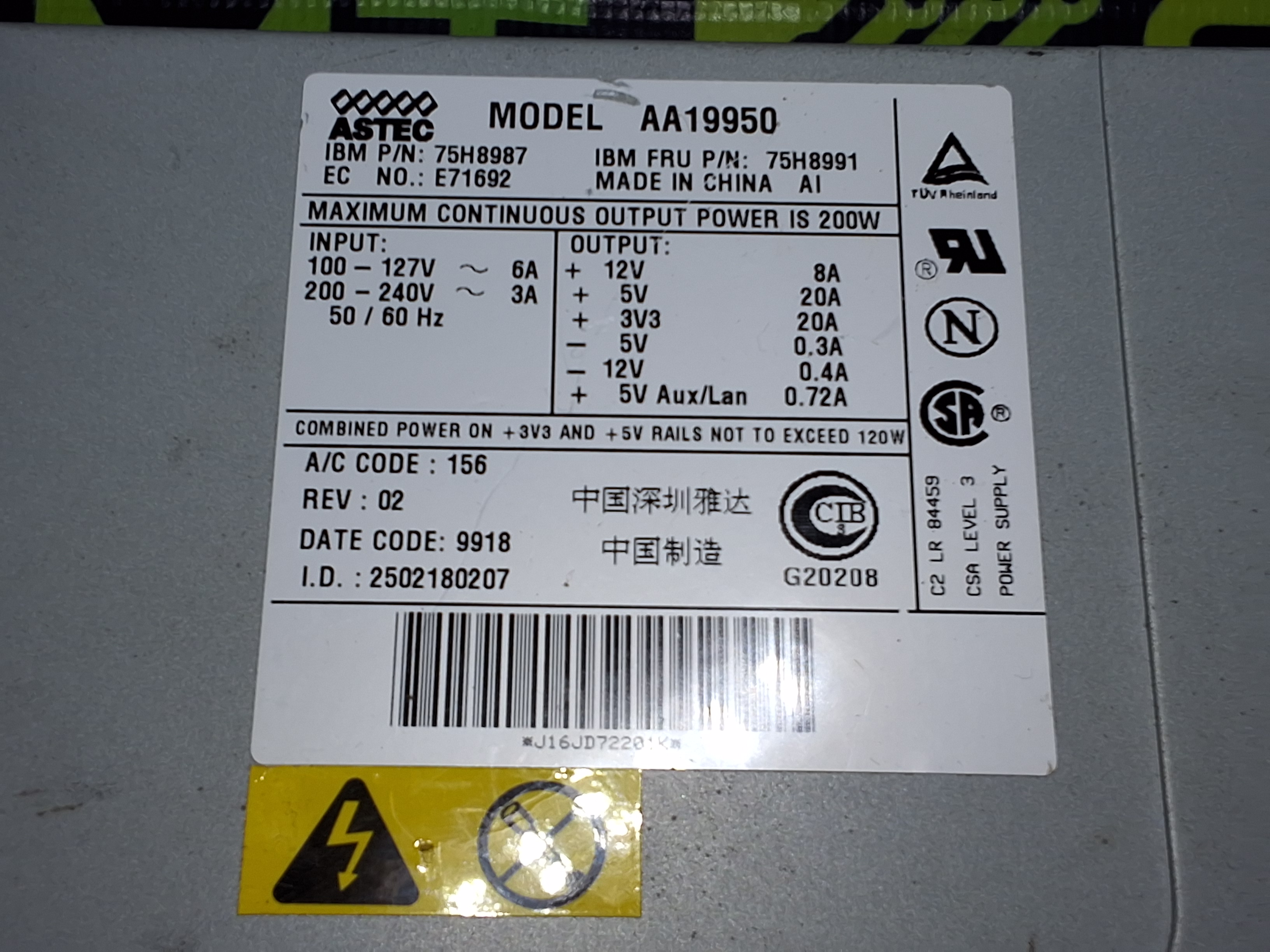 Used ASTEC AA19950 POWER SUPPLY 75H8987 200W