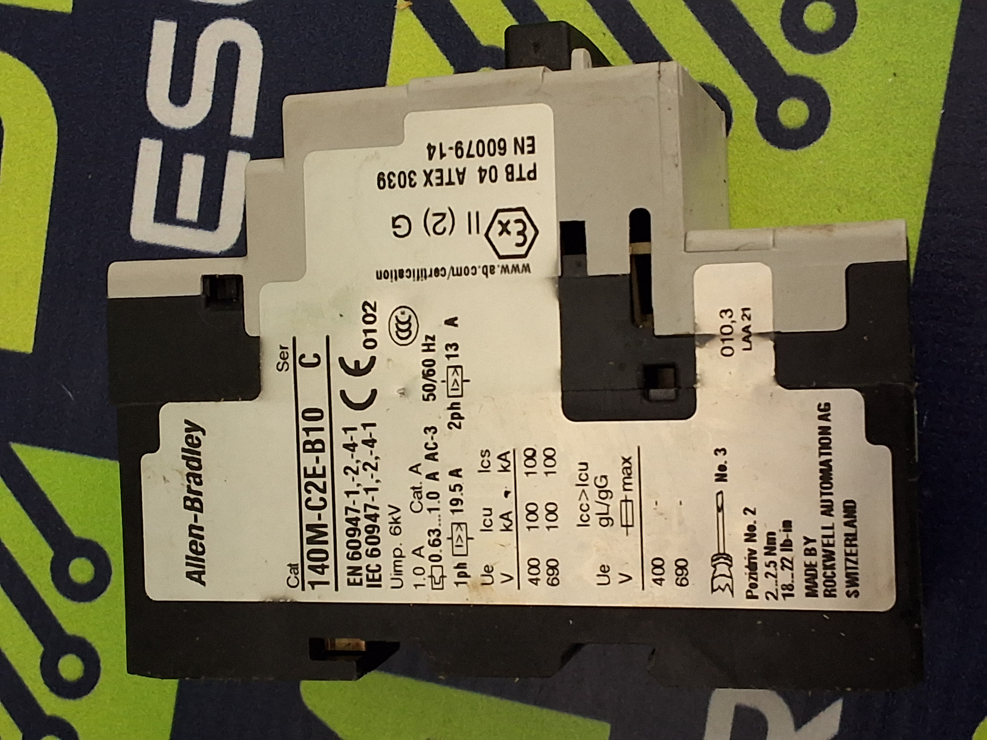 Used ALLEN-BRADLEY 140M-C2E-B10 / 140M-C2E CIRCUIT BREAKER 2-PHASE 13A 50/60Hz