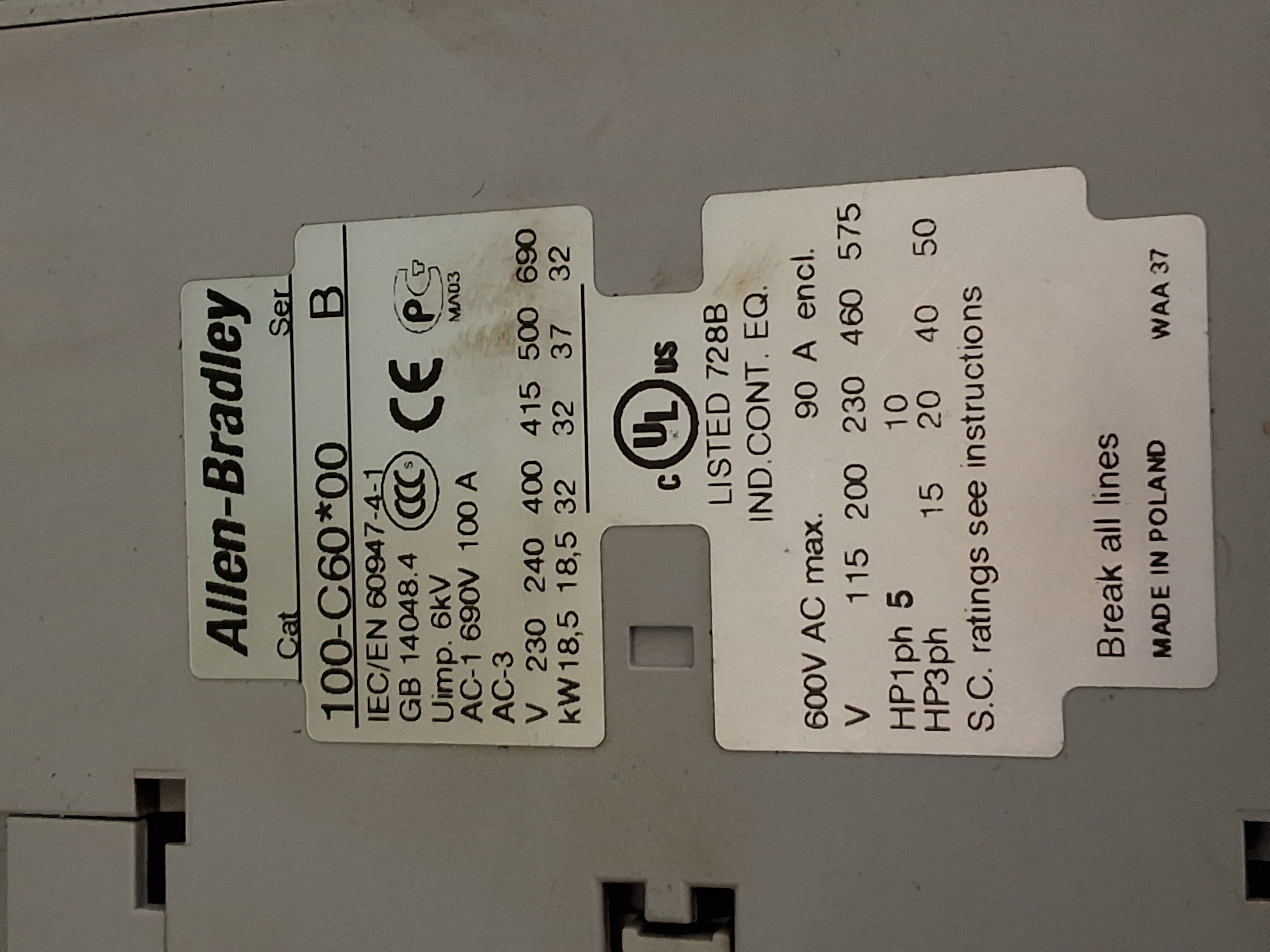Used ALLEN-BRADLEY 100-C60*00 MAGNETIC CONTACTOR 3-POLE 690V 100A 600VAC