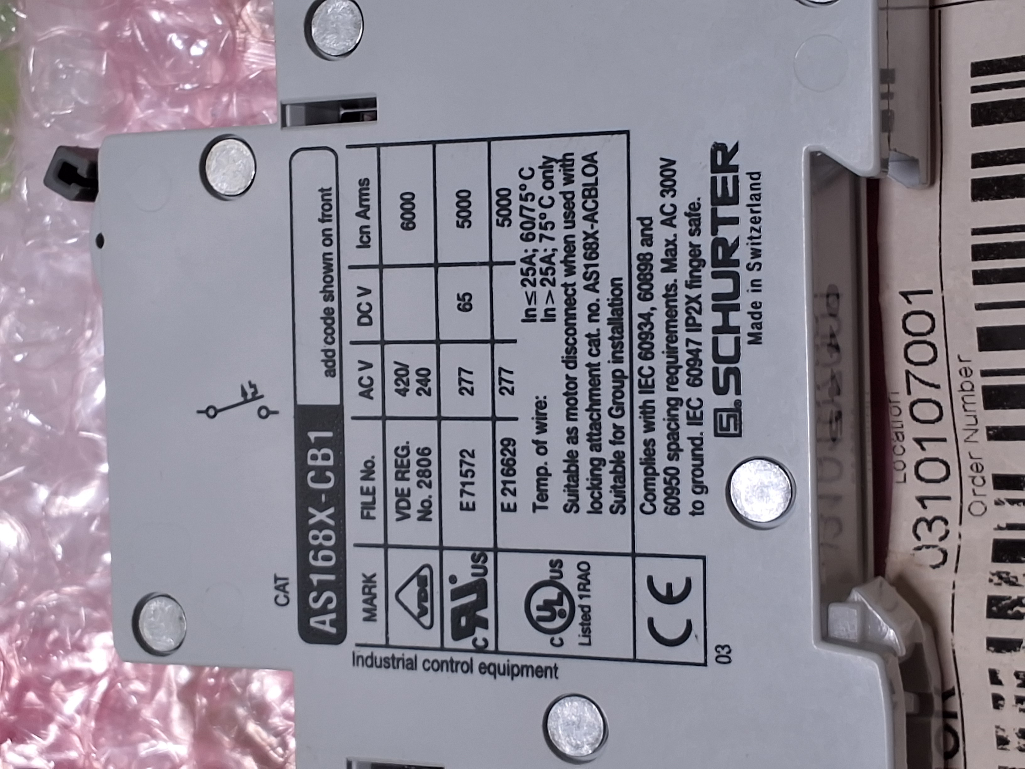 SCHURTER AS168X-CB1 SINGLE POLE CIRCUIT BREAKER - BRAND NEW