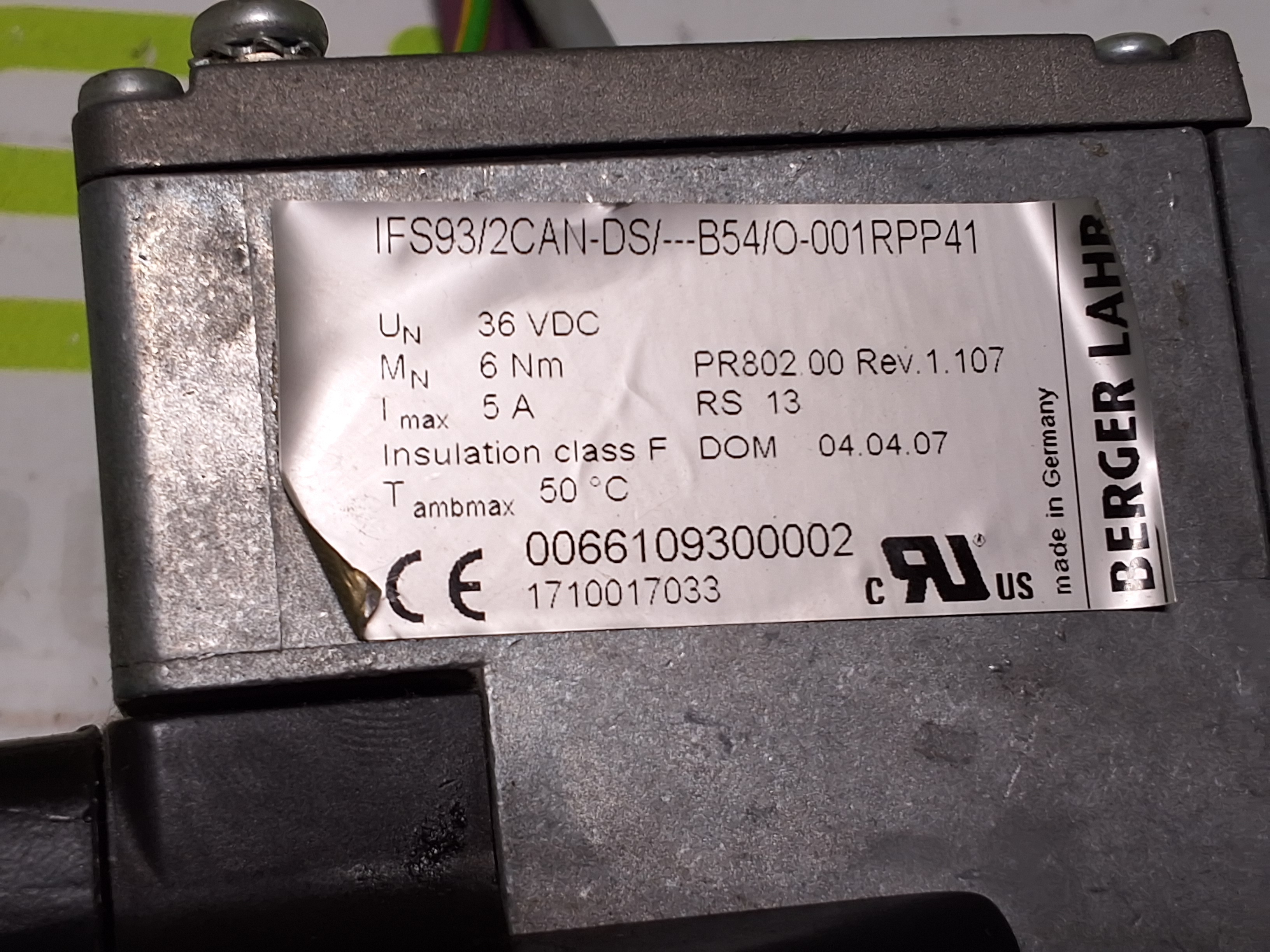 Used BERGER LAHR IFS93/2CAN-DS/---B54/O-001RPP41 SERVO MOTOR