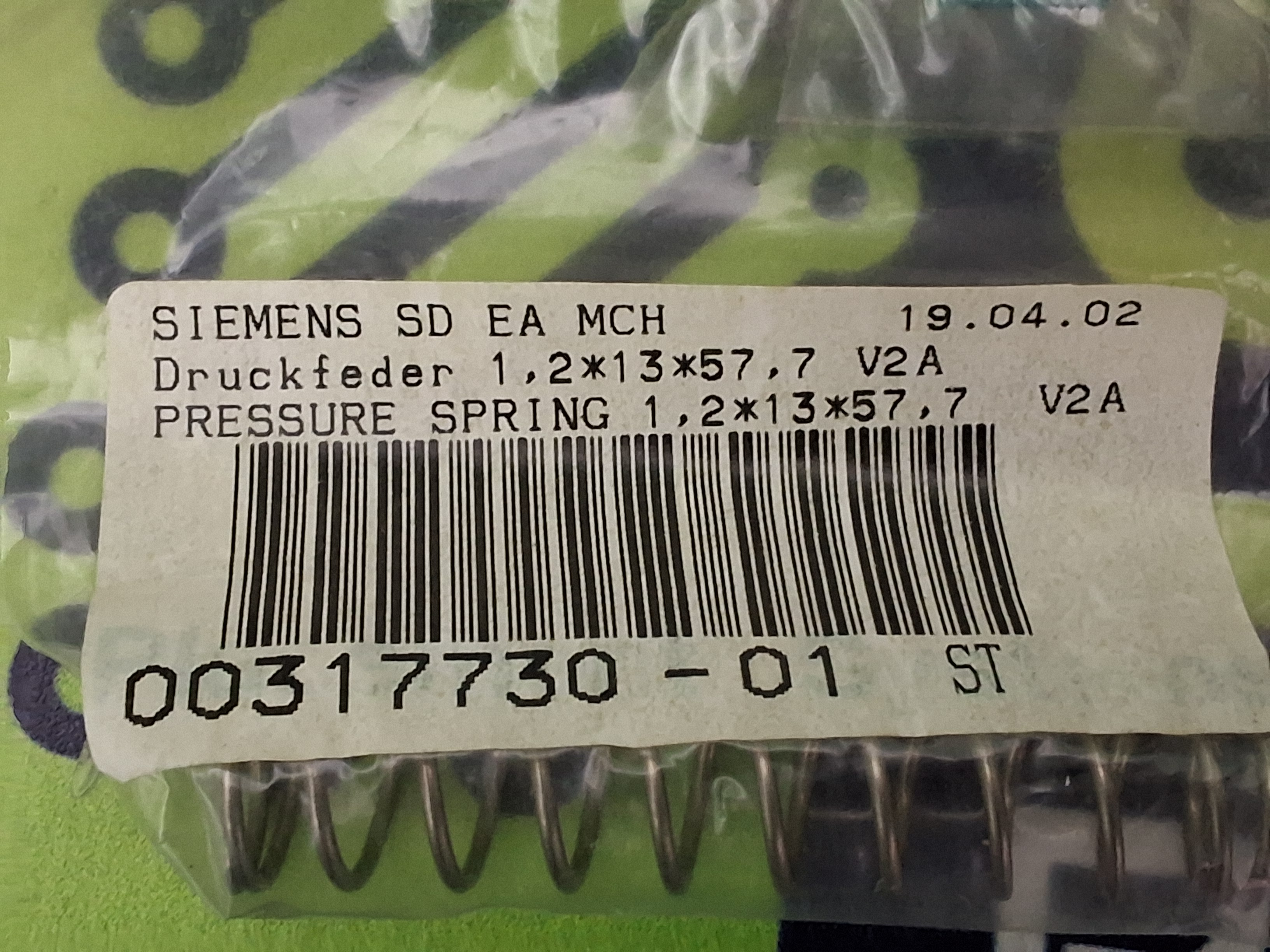 SIEMENS 00317730-01 PRESSURE SPRING 1.2x13x57.7 V2A - BRAND NEW