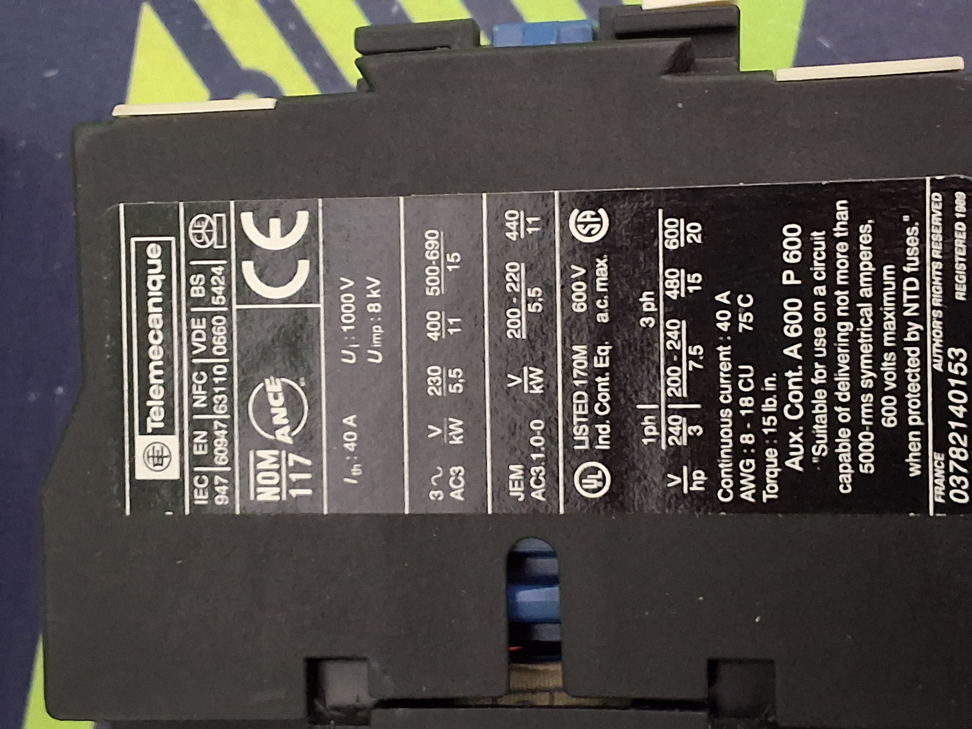 Used TELEMECANIQUE LC1 D2510 CONTACTOR 24V 50/60Hz