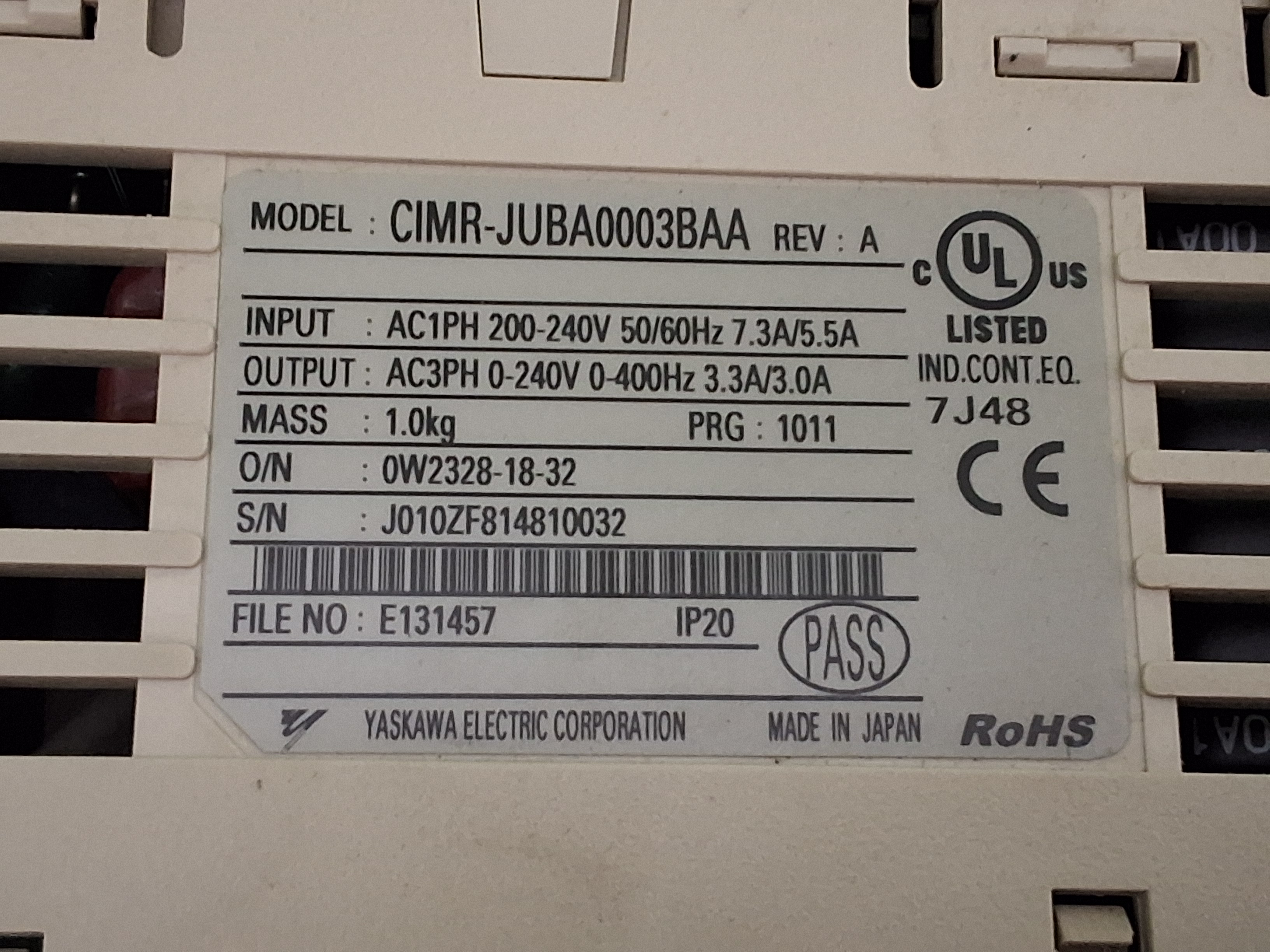 Used YASKAWA CIMR-JUBA0003BAA Variable Frequency Drive 240V