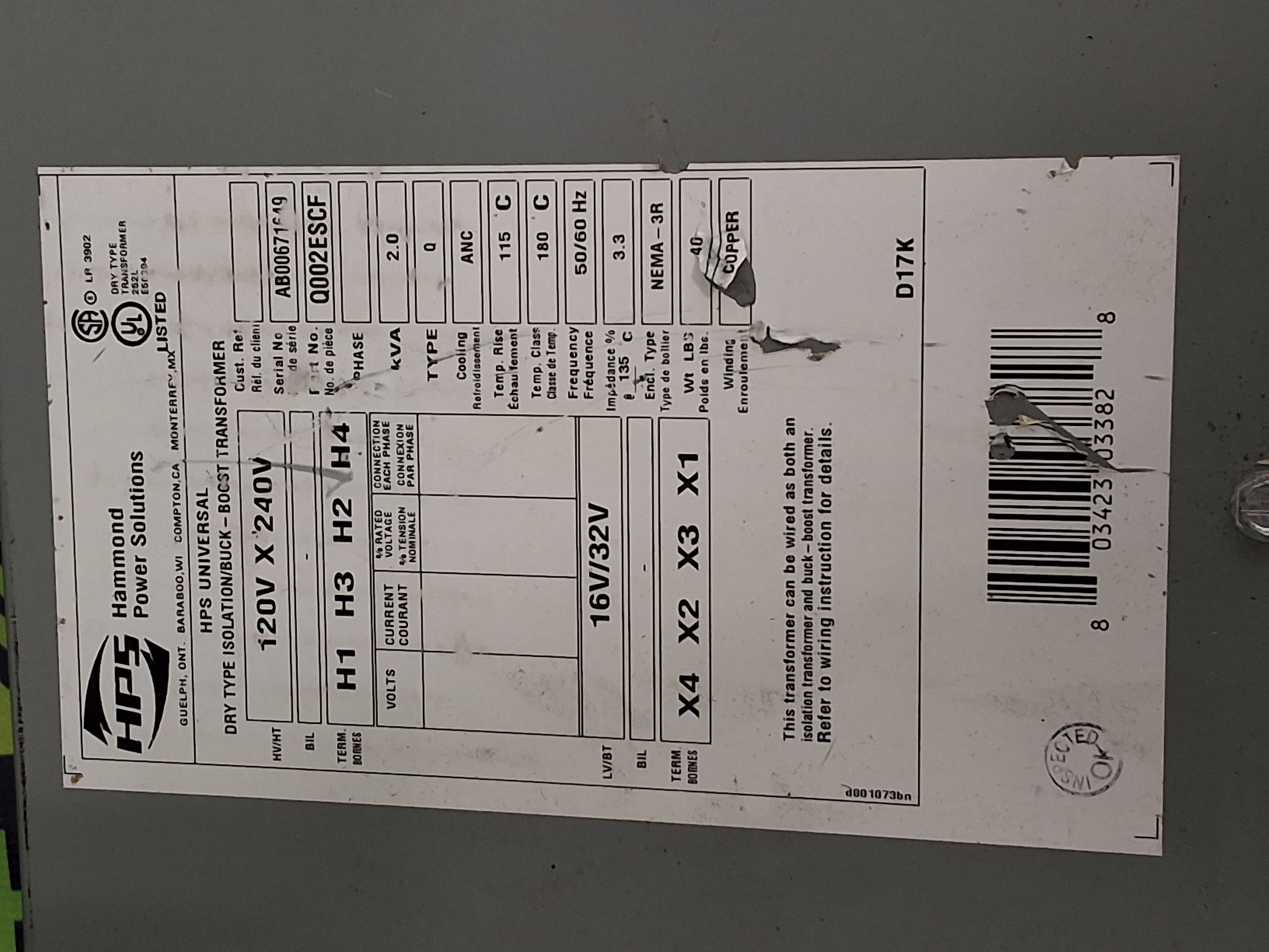 Used HAMMOND POWER SOLUTIONS Q002ESCF BOOST TRANSFORMER 2.0kVA 120/240V 50/60Hz