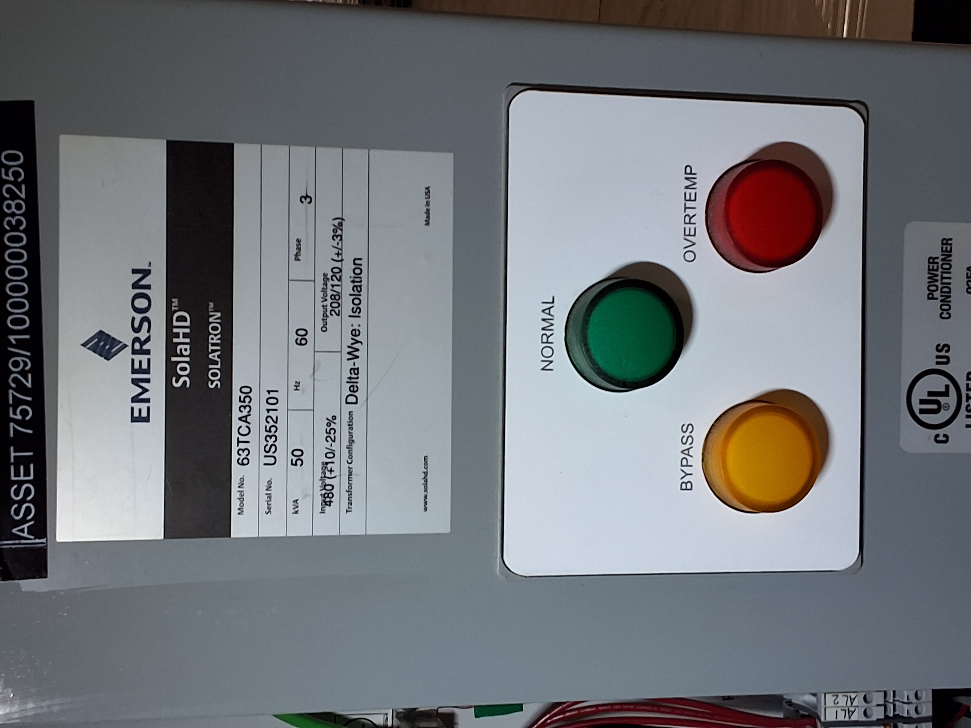 Used SOLATRON SolaHD EMERSON 63TCA350 3-PHASE POWER CONDITIONER & VOLTAGE REGULATOR 480VAC 50kVA - TESTED