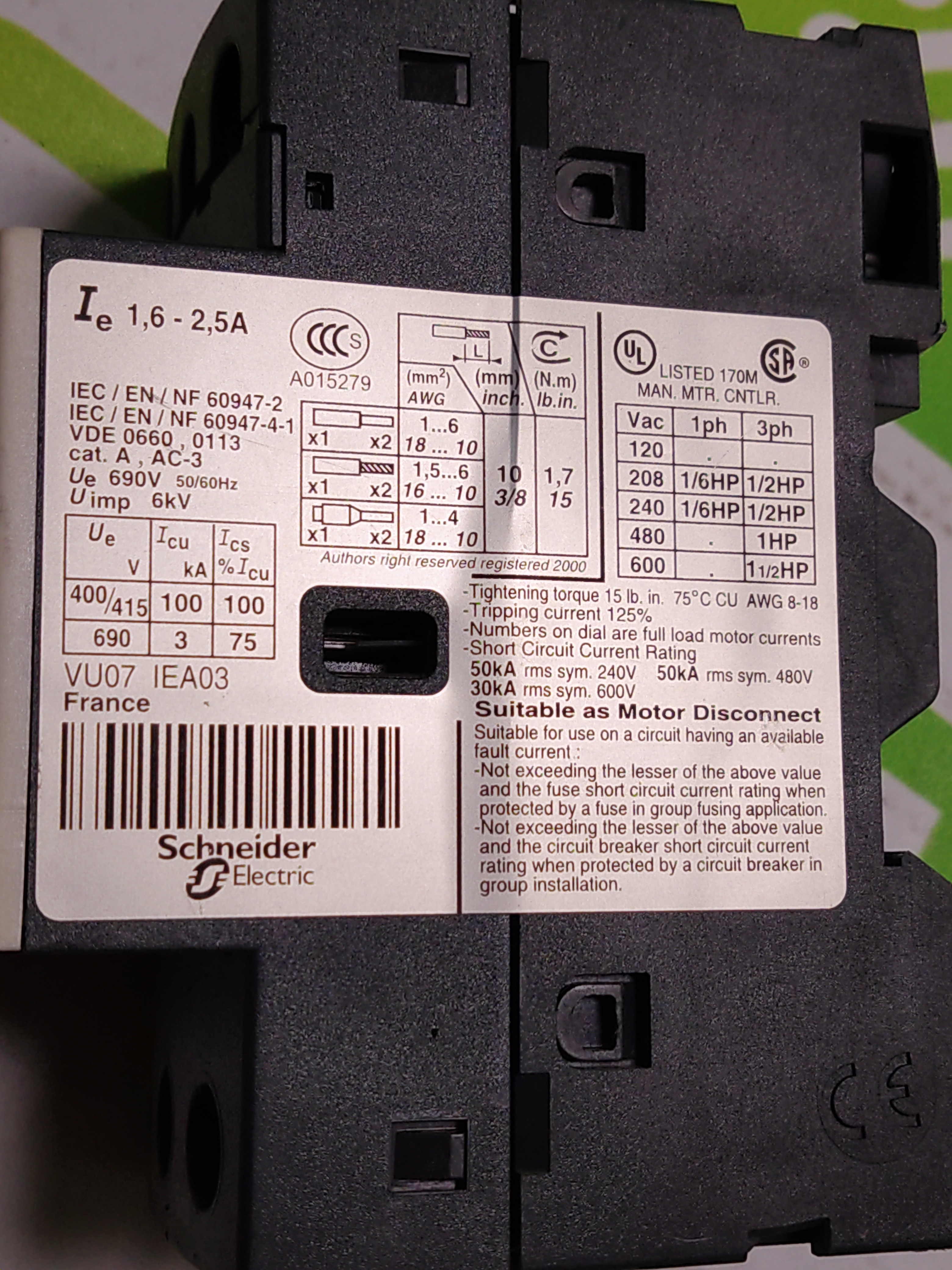 Used SCHNEIDER ELECTRIC TELEMECANIQUE GV2ME04 CIRCUIT BREAKER 