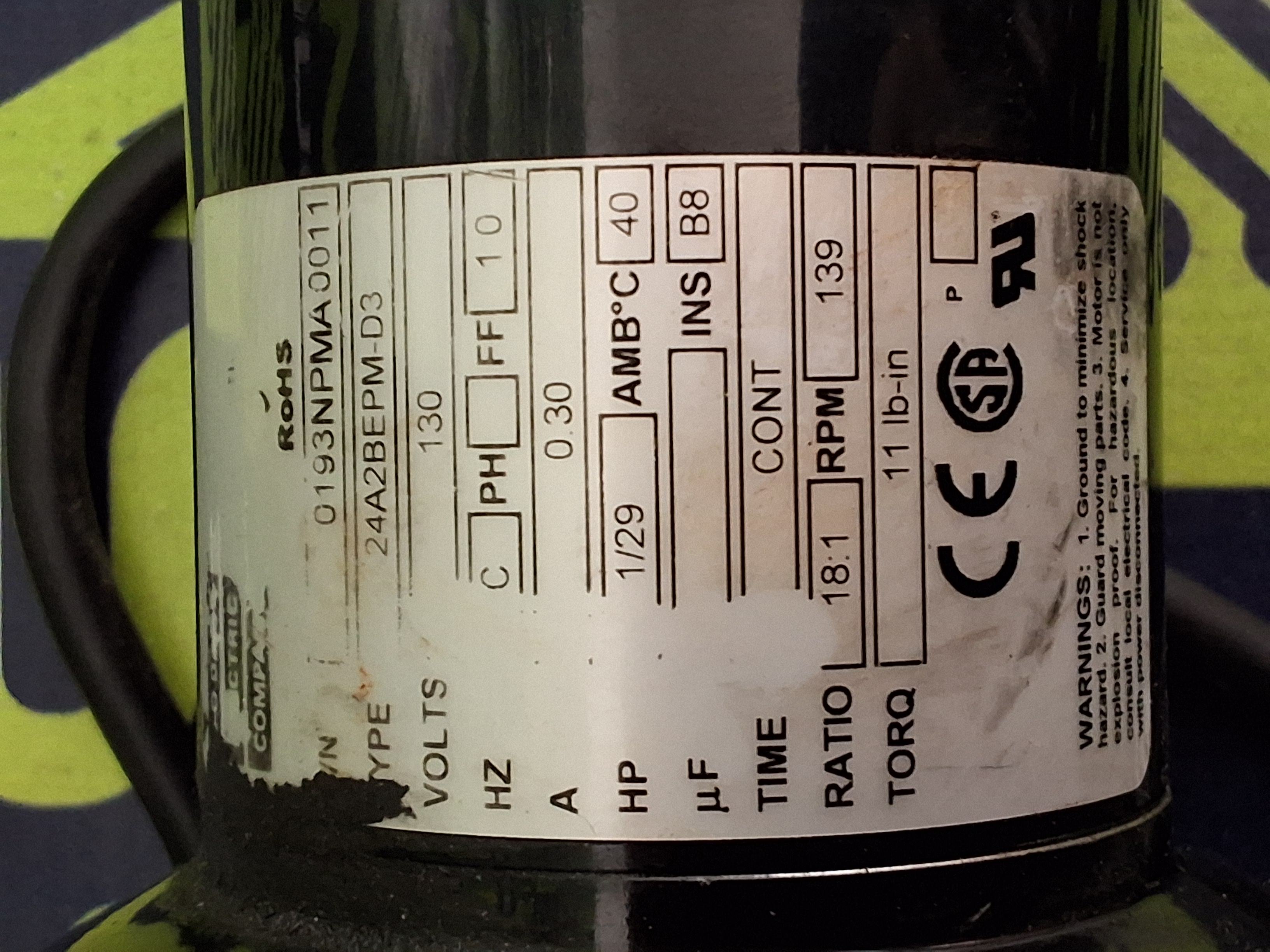 Used BODINE ELECTRIC 24A2BEPM-D3 DC GEARMOTOR 130V .30A 1/20HP 18:1