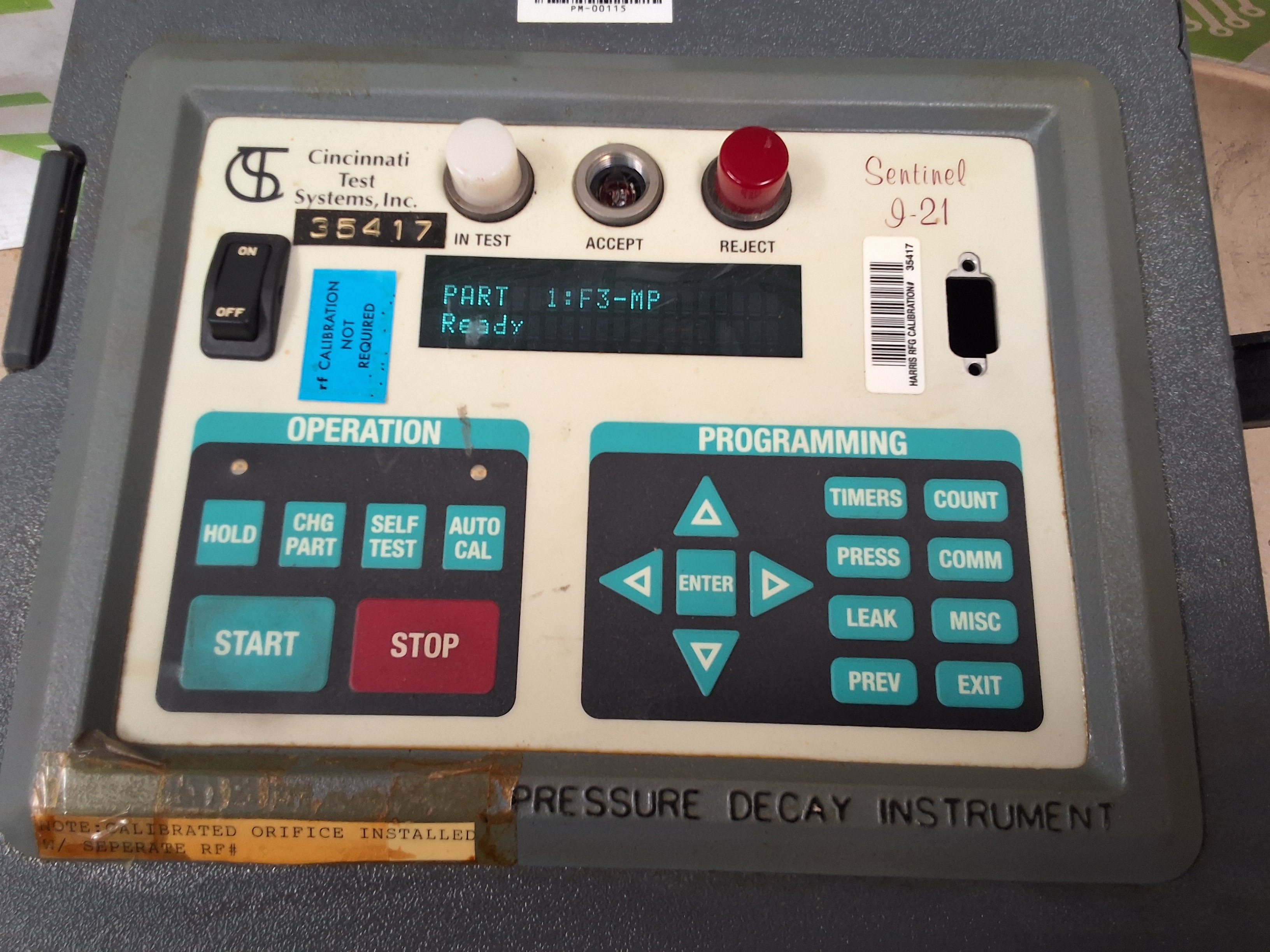 Used CINCINNATI TEST SYSTEMS SENTINEL I-21 PRESSURE DECAY LEAK TESTER / INSTRUMENT I21-S-15