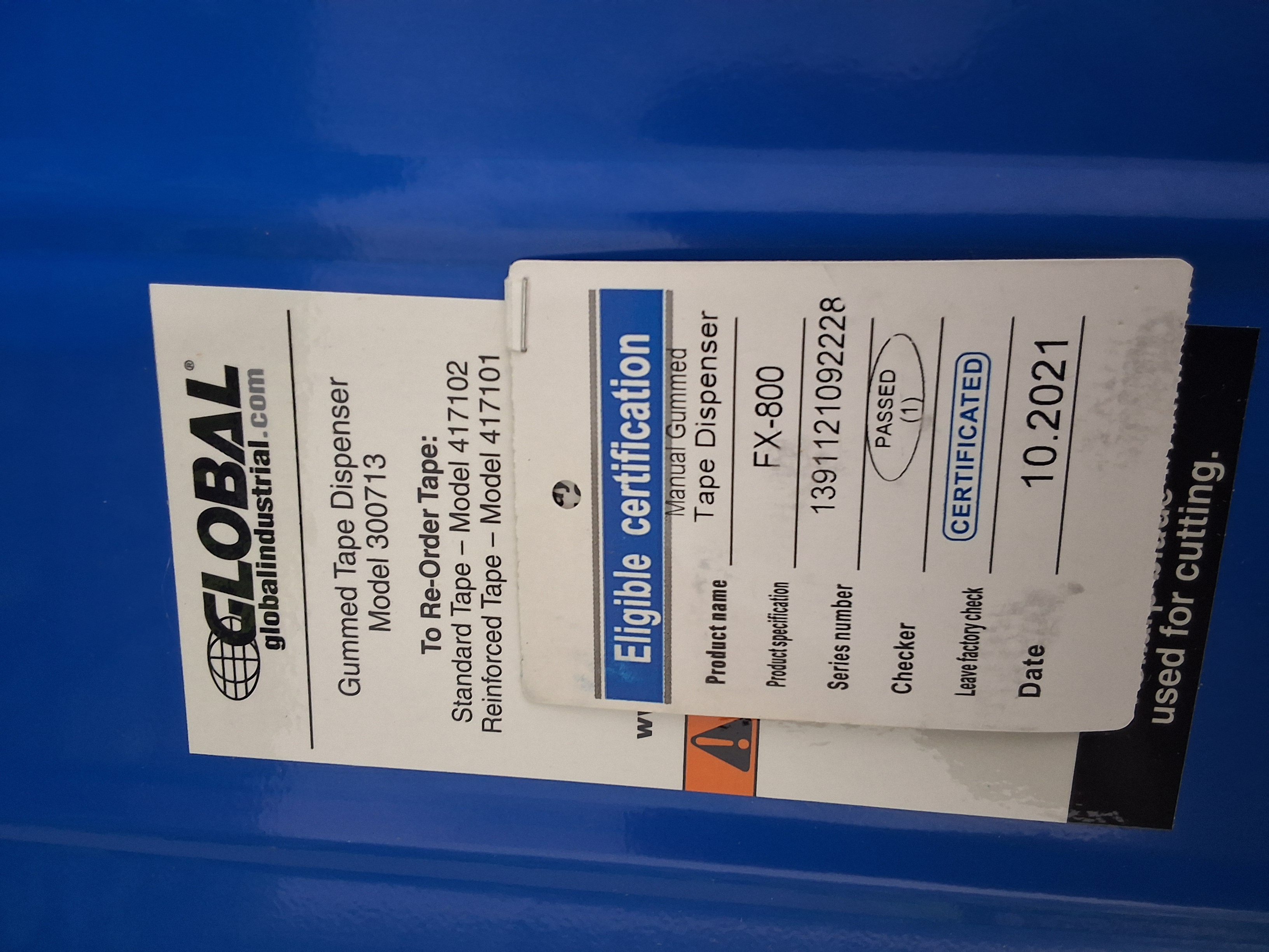 Used GLOBAL INDUSTRIAL FX-800 / 300713 MANUAL GUMMED WATER ACTUVATED TAPE DISPENSER 