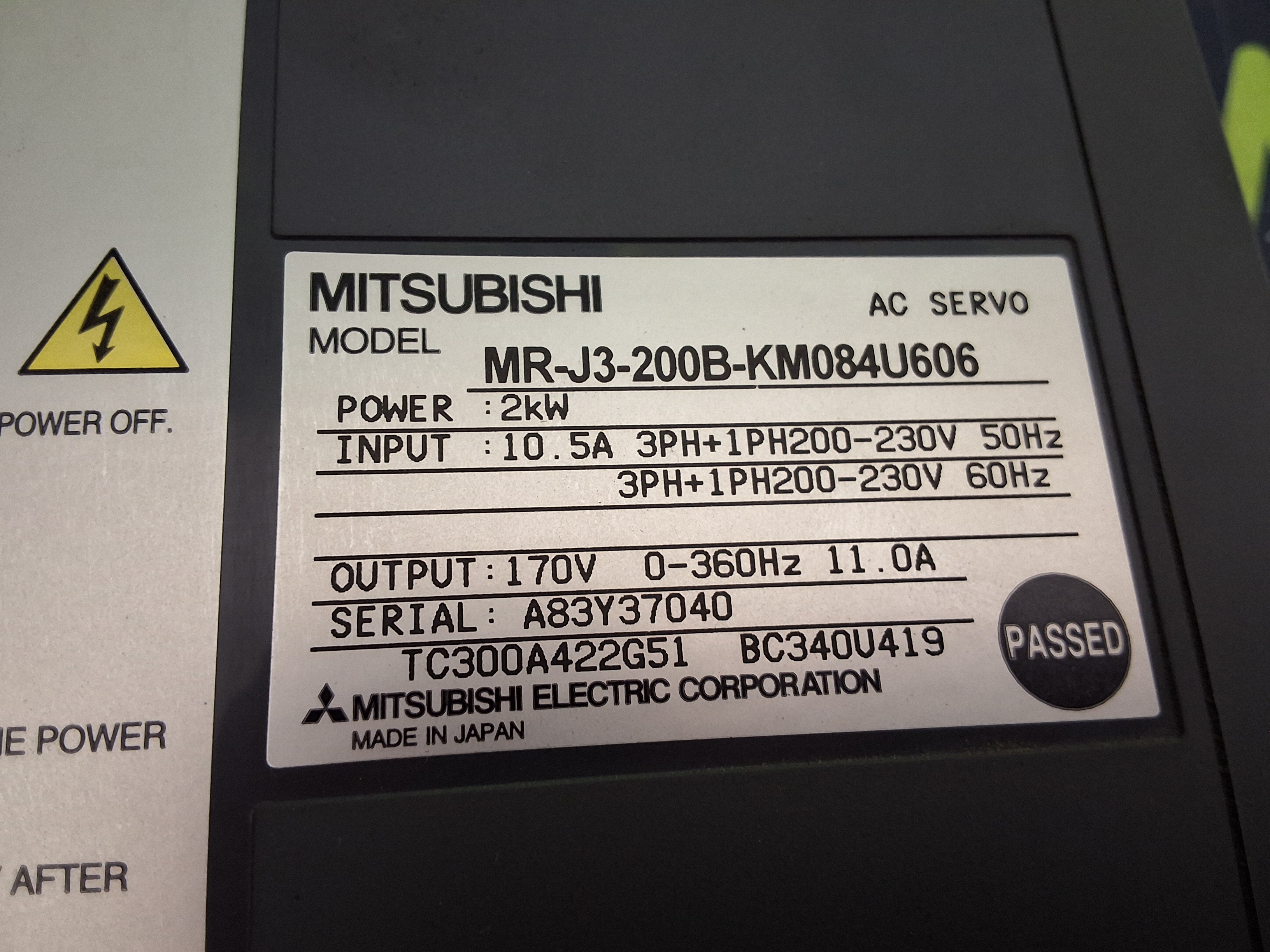 Used MITSUBISHI MR-J3-200B-KM084U606 AC SERVO DRIVE / AMPLIFIER - MELSERVO-J3 SERIES 2kW