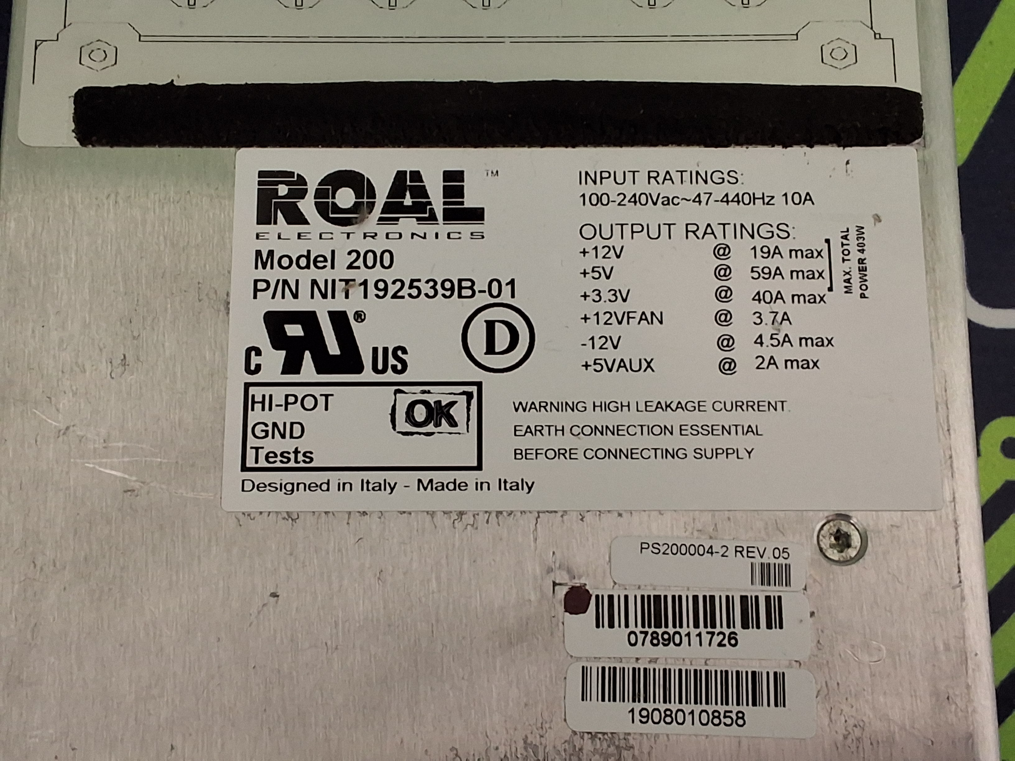 Used ROAL ELECTRONICS MODEL 200 P/N: NIT192539B-01 100-240VAC~47-440Hz 10A