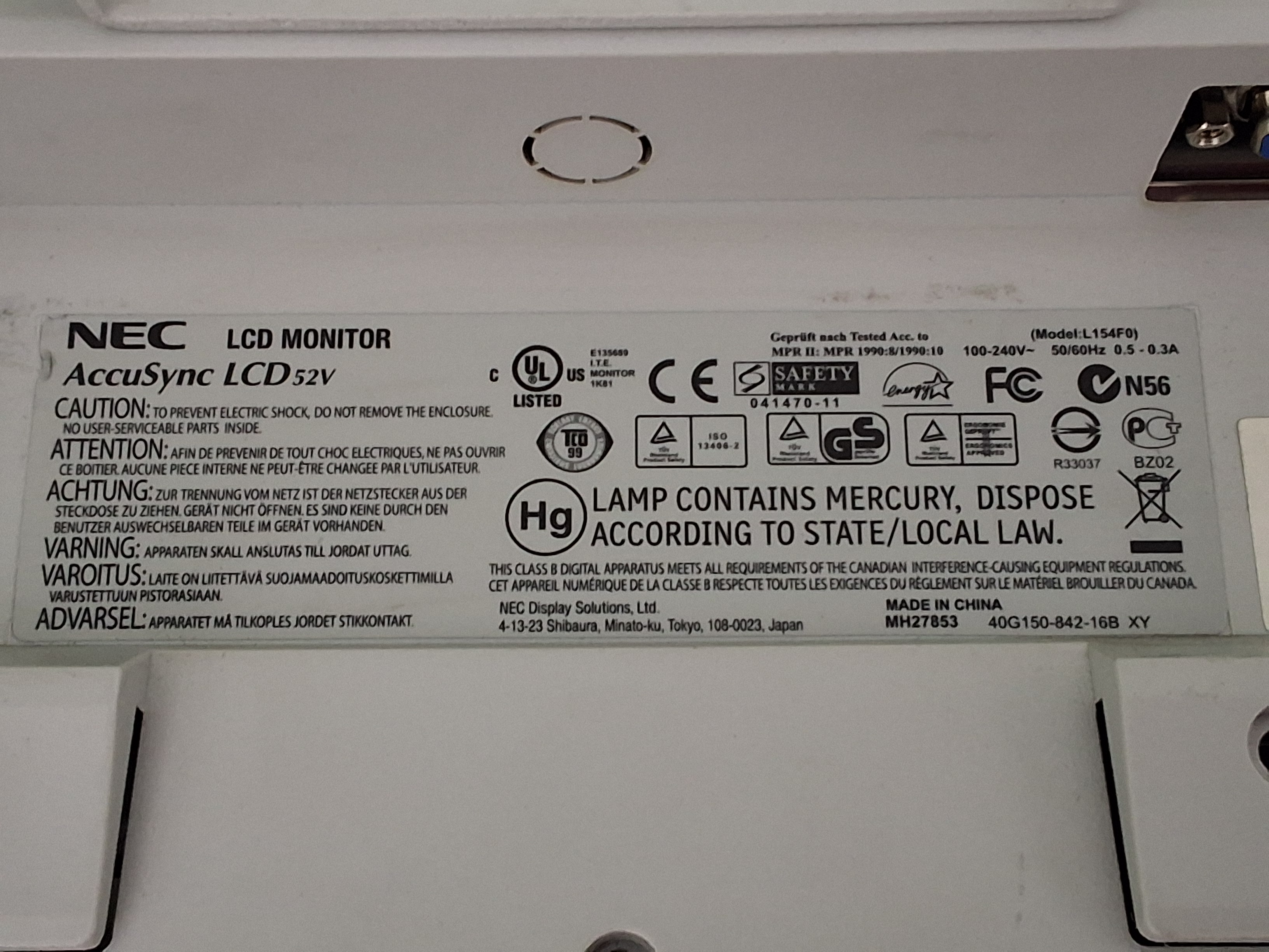 Used NEC AccuSync ASLCD52V FLAT-PANEL LCD MONITOR 52V L154F0