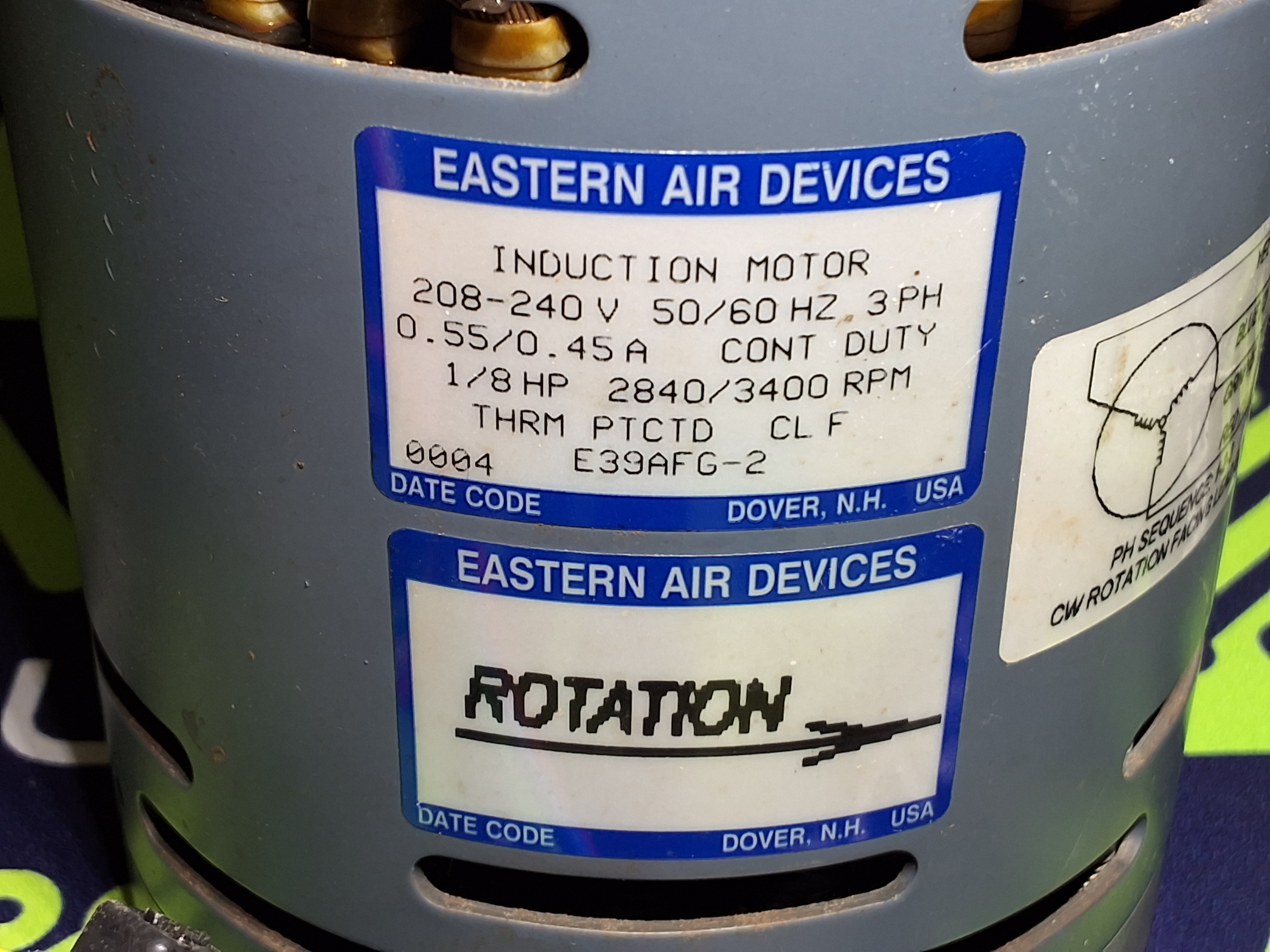 Used EASTERN AIR DEVICES E39AFG-2 INDUCTION MOTOR WITH FAN