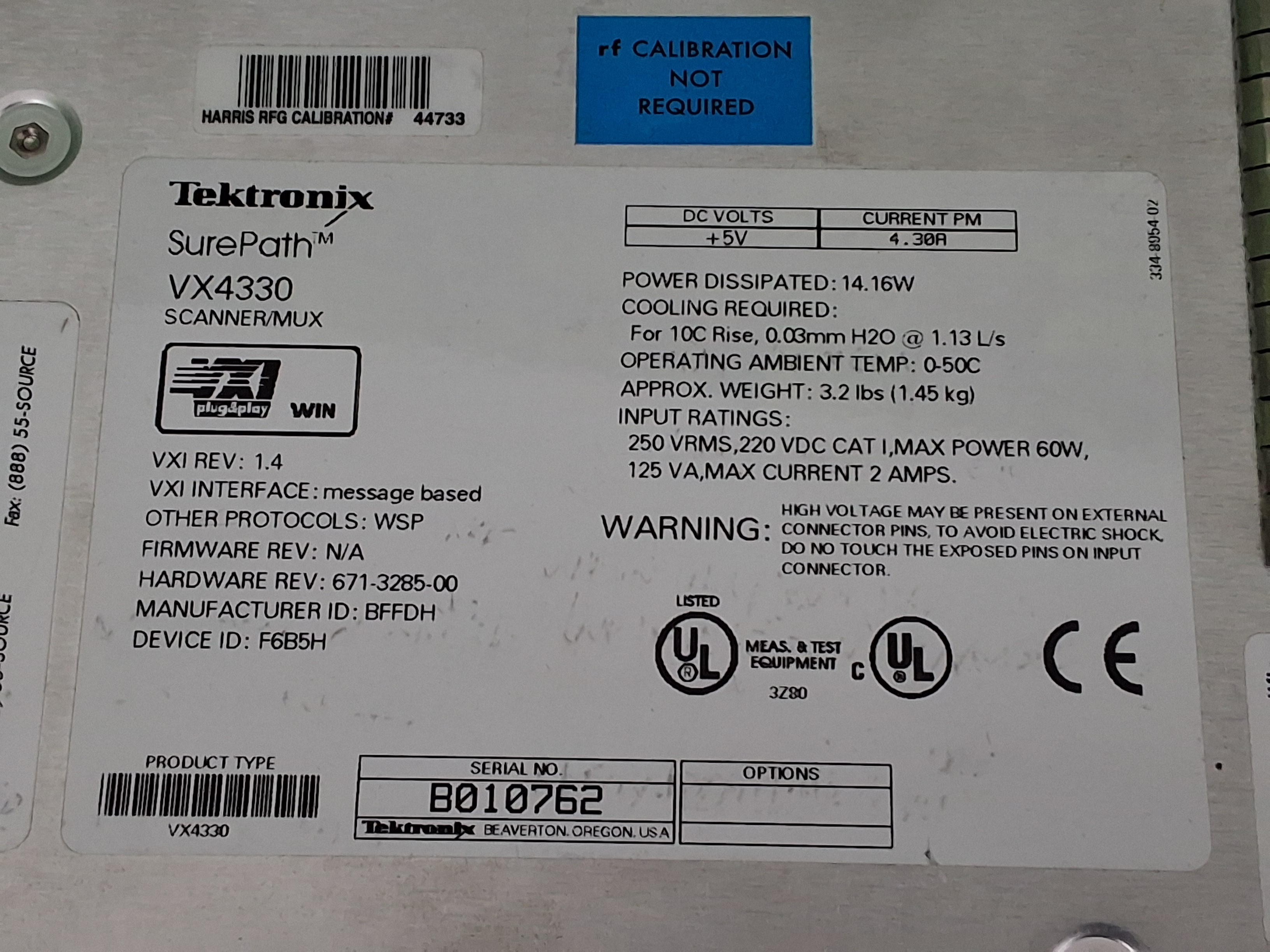 Used TEKTRONIX SUREPATH VX4330 HIGH-DENSITY 120-CHANNEL RELAY MULTIPLEXER & SCANNER MODULE