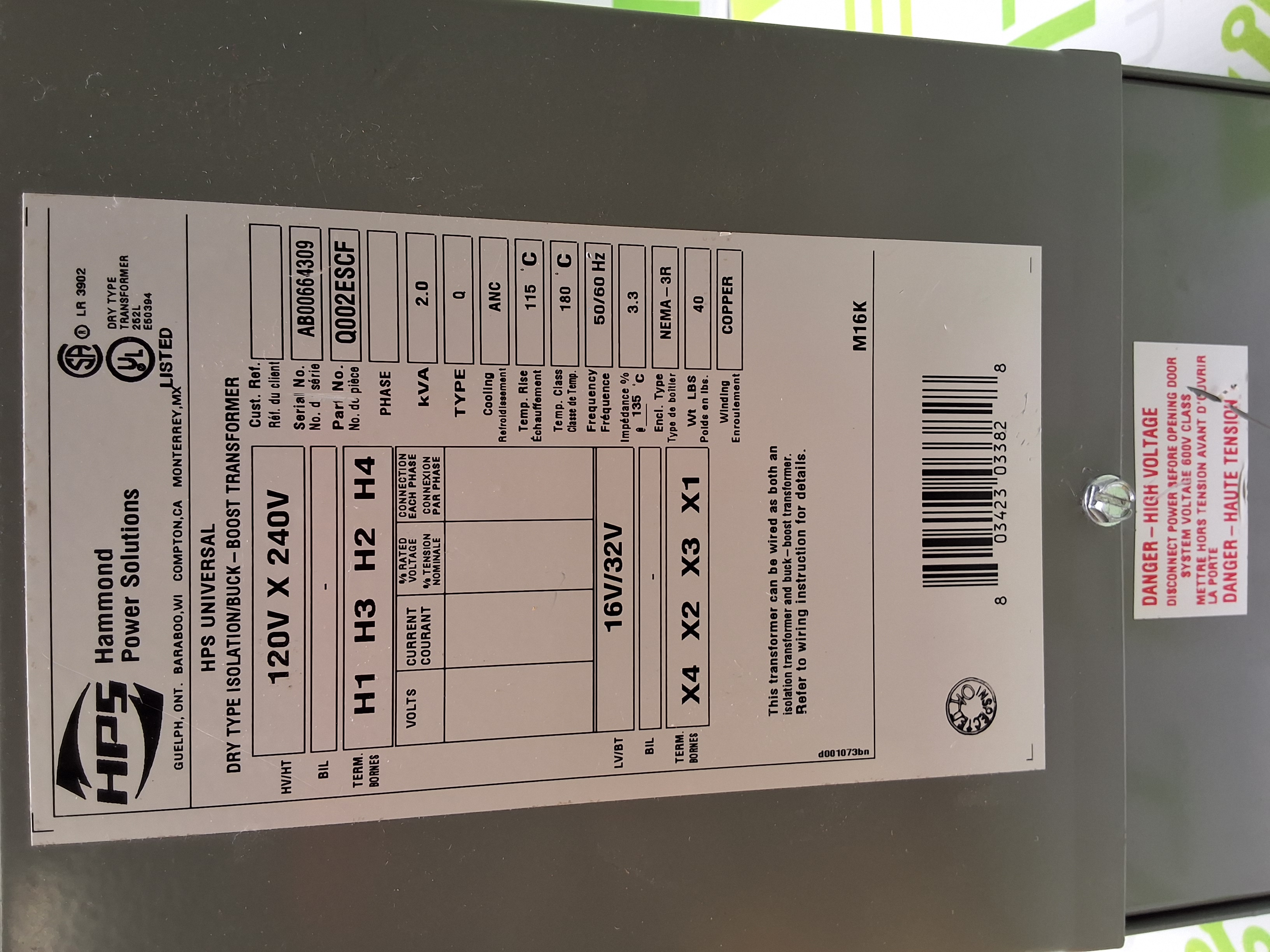 Used HAMMOND POWER SOLUTIONS Q002ESCF BOOST TRANSFORMER 120/240V 50/60Hz