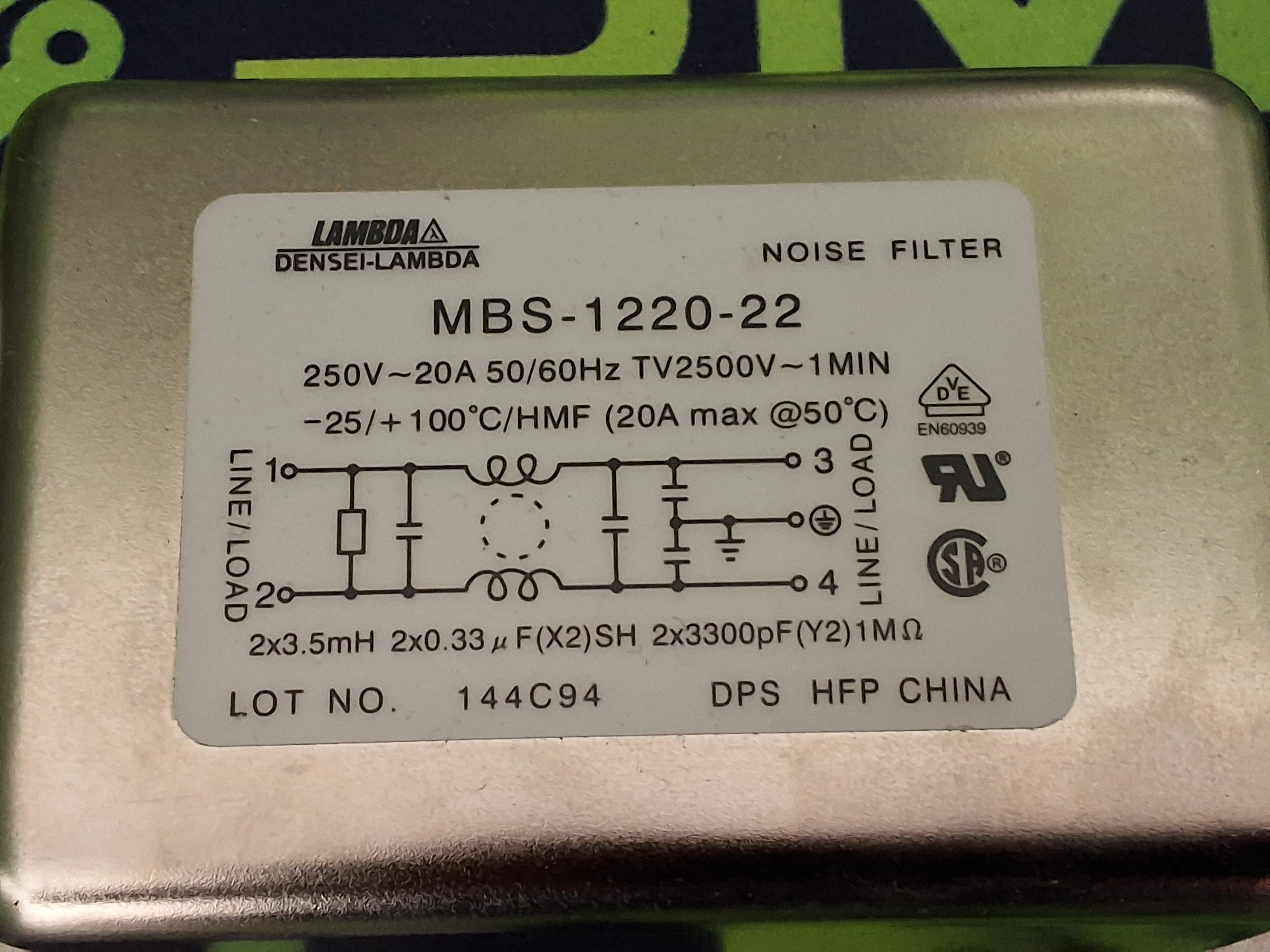 Used DENSEI-LAMBDA MBS-1220-22 NOISE FILTER 250V 20A 50/60Hz