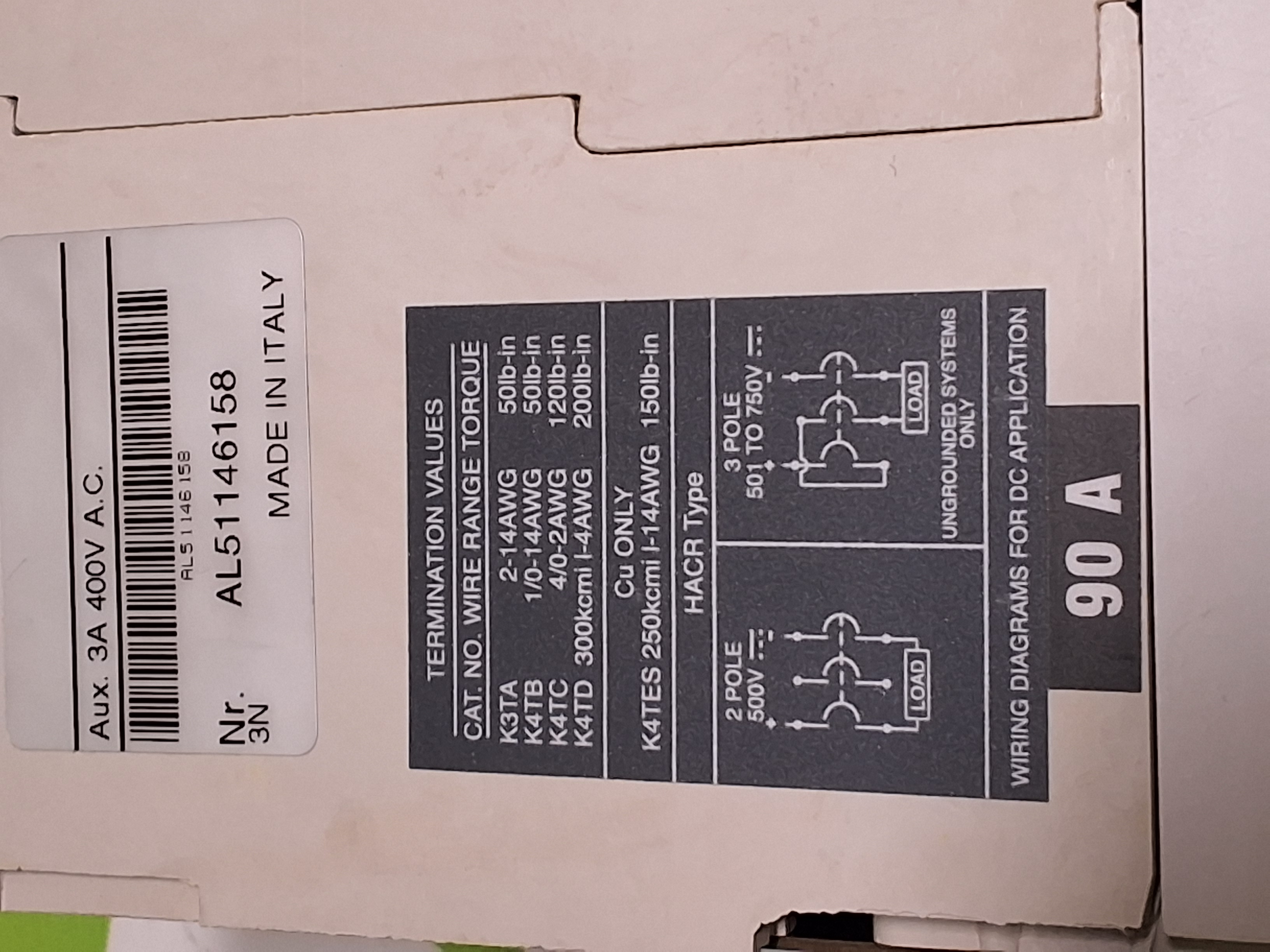 Used ABB SACE S3 S3H 90A 3-POLE CIRCUIT BREAKER 600VAC
