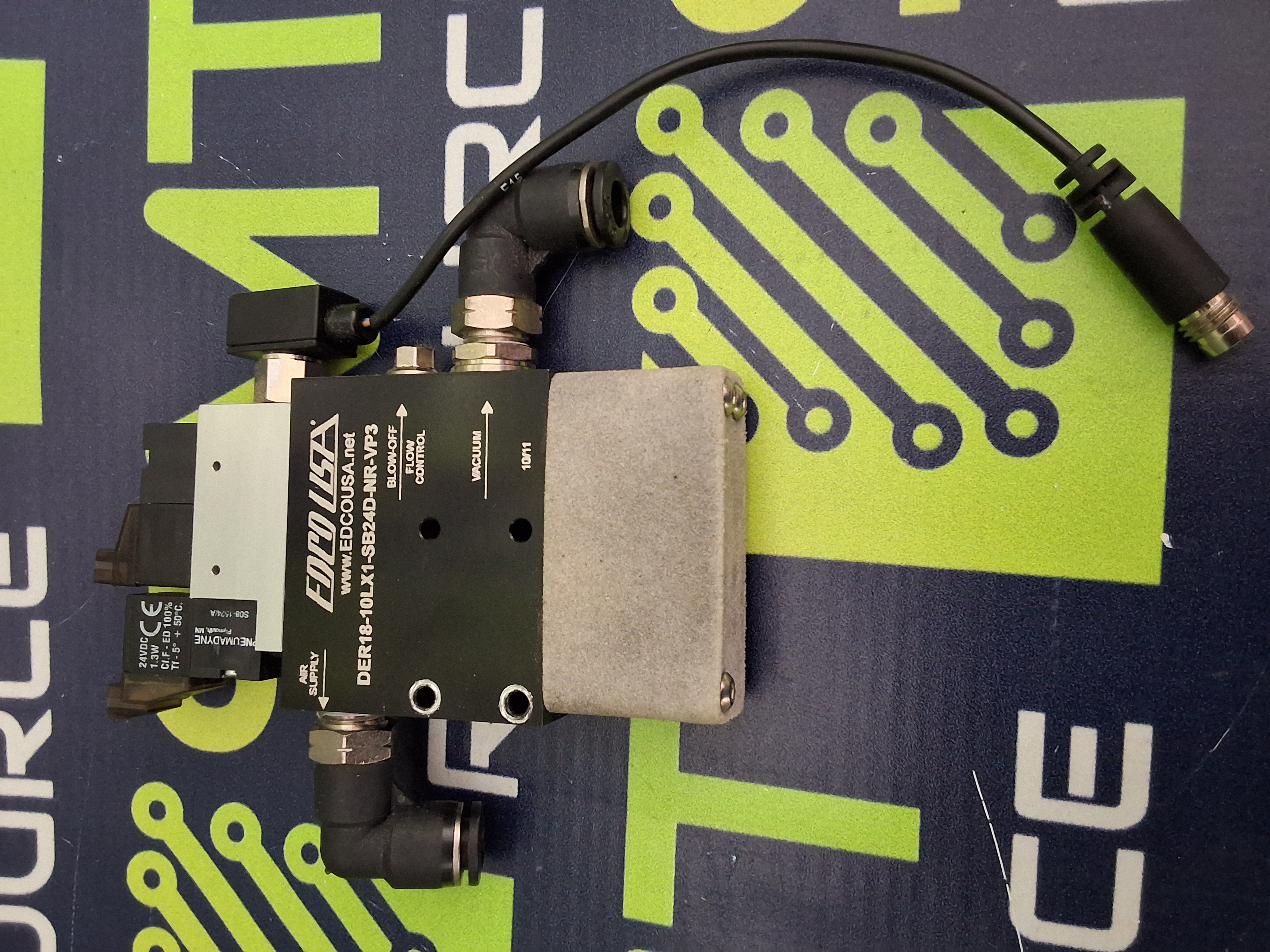 Used EDCO USA DER18-10LX1-SB24D-NR-VP3 SOLENOID CONTROLLED VACUUM PUMP & VALVE ASSEMBLY 24VDC 