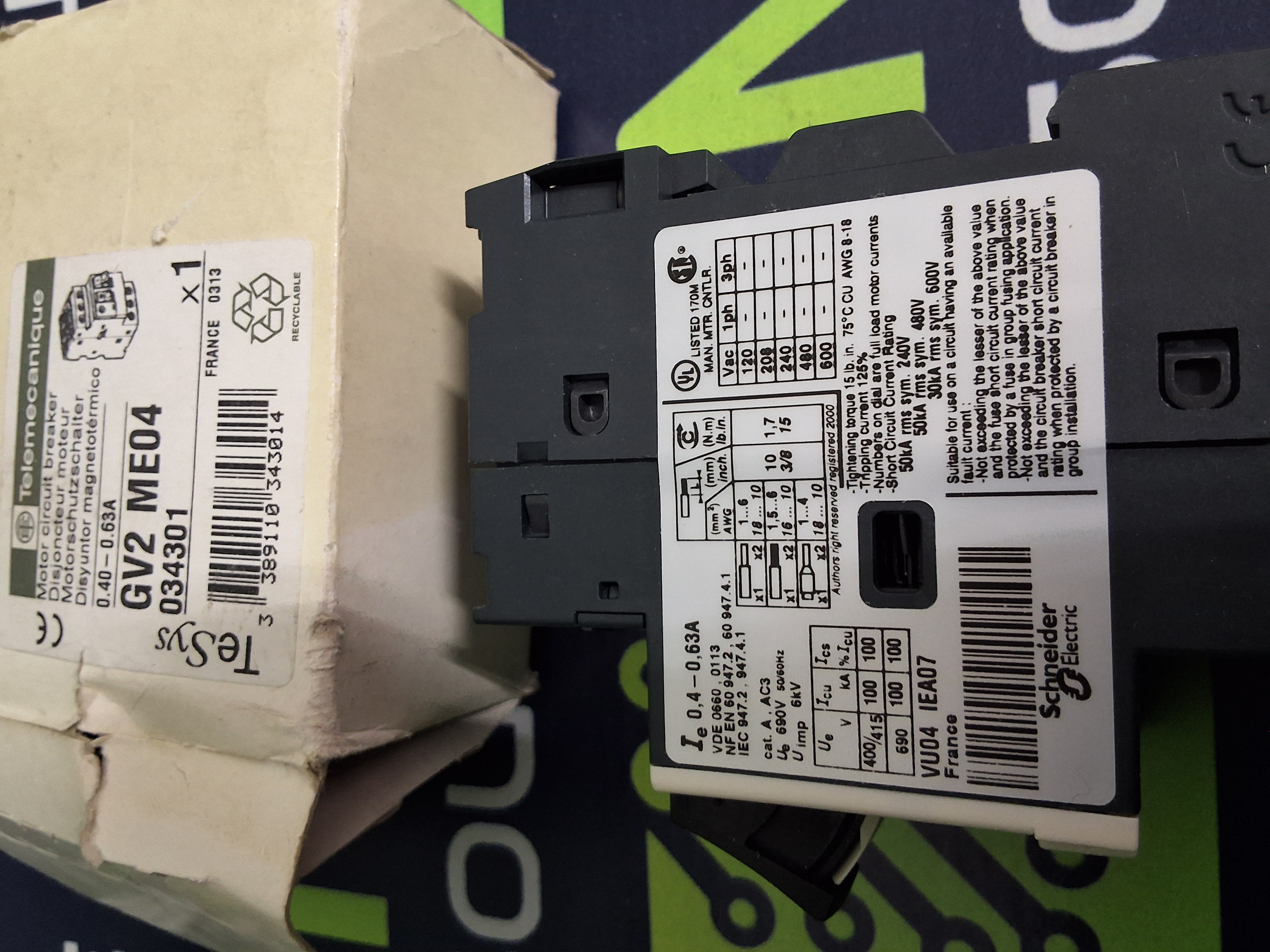TELEMECANIQUE GV2ME04 0.40-0.63A CIRCUIT BREAKER - NEW