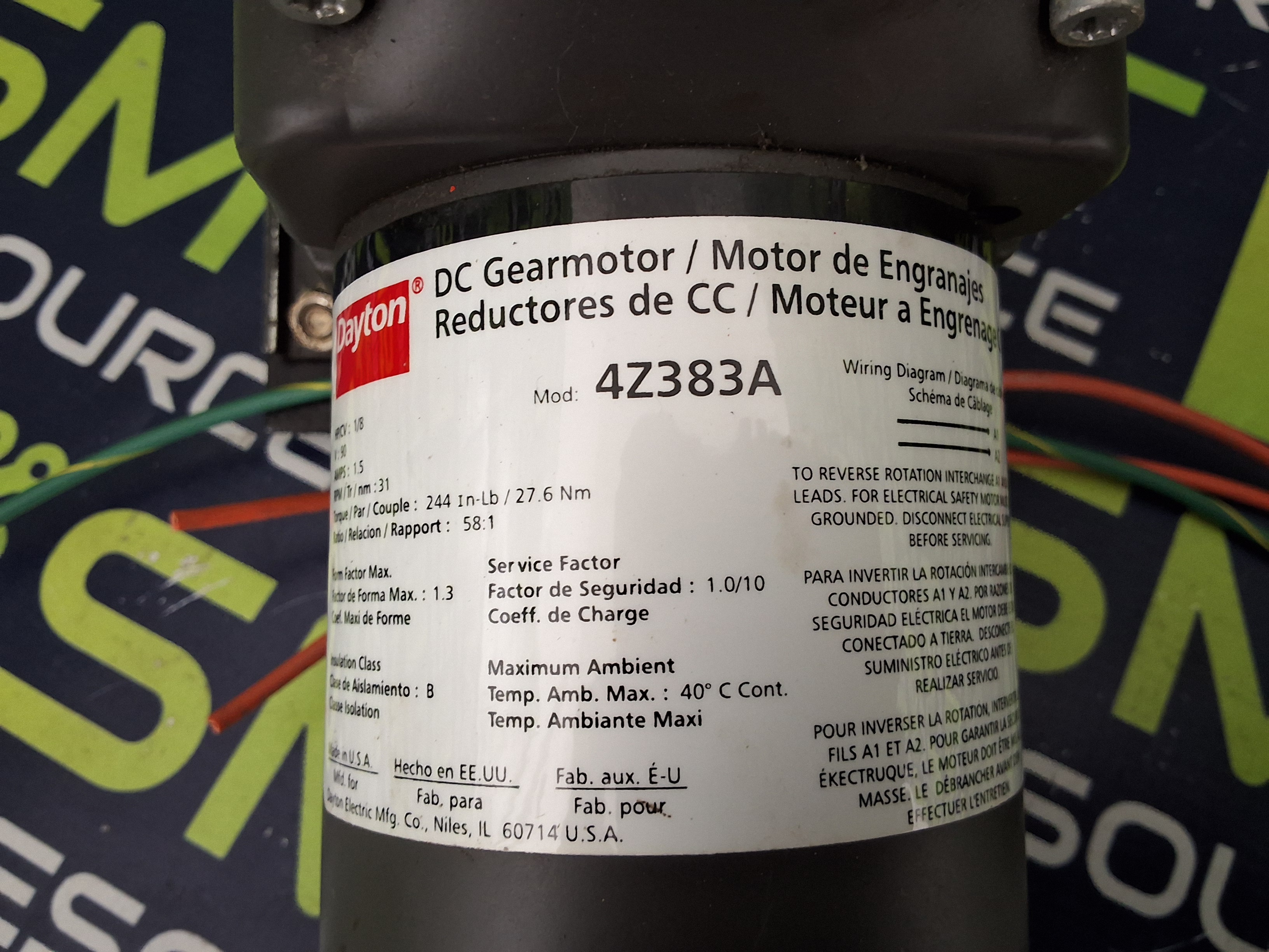 Used DAYTON 4Z383A DC GEARMOTOR 1/8HP 90V 31RPM 1.5A