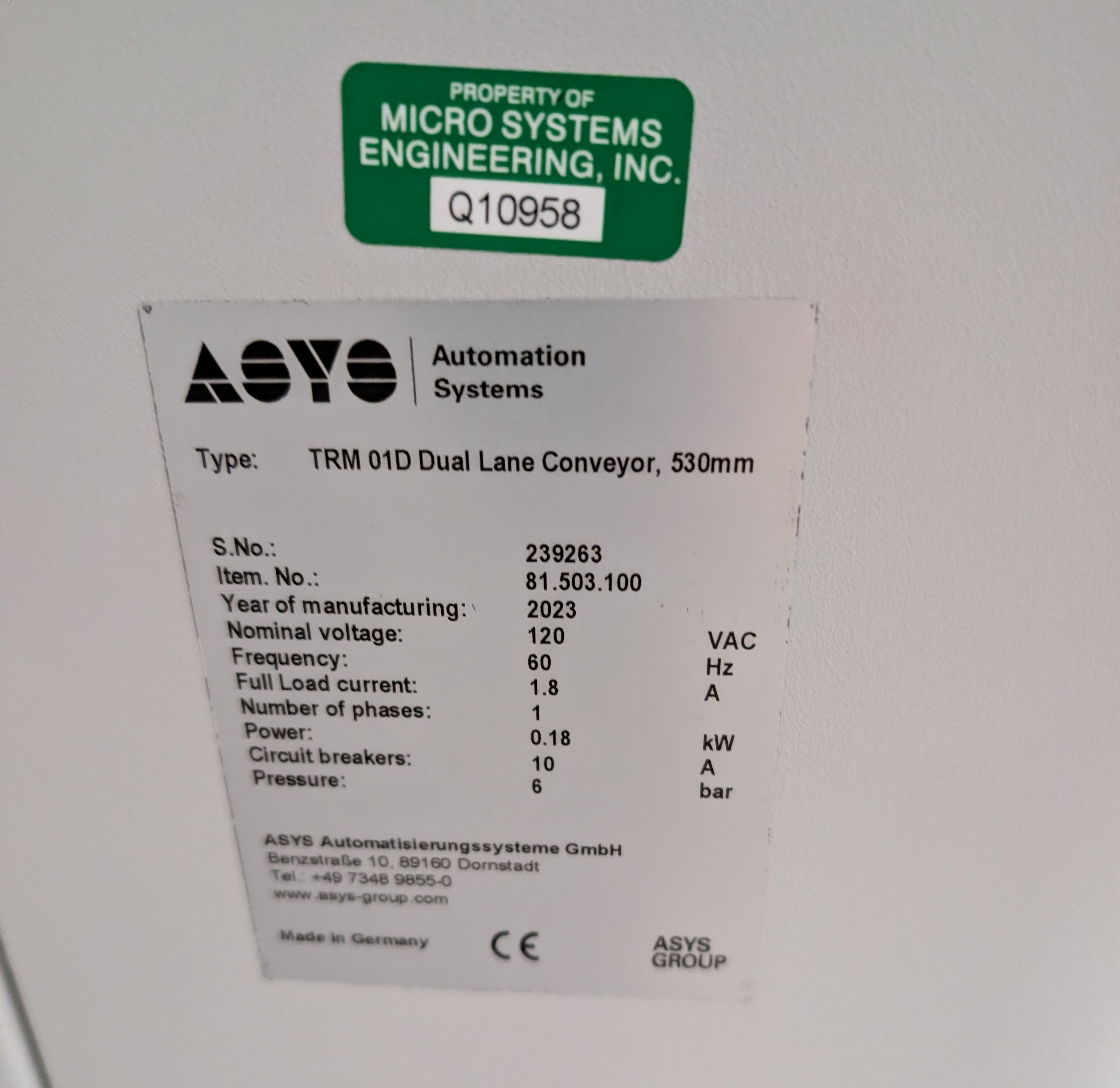 Used ASYS TRM 01D Dual‑Lane Conveyor 