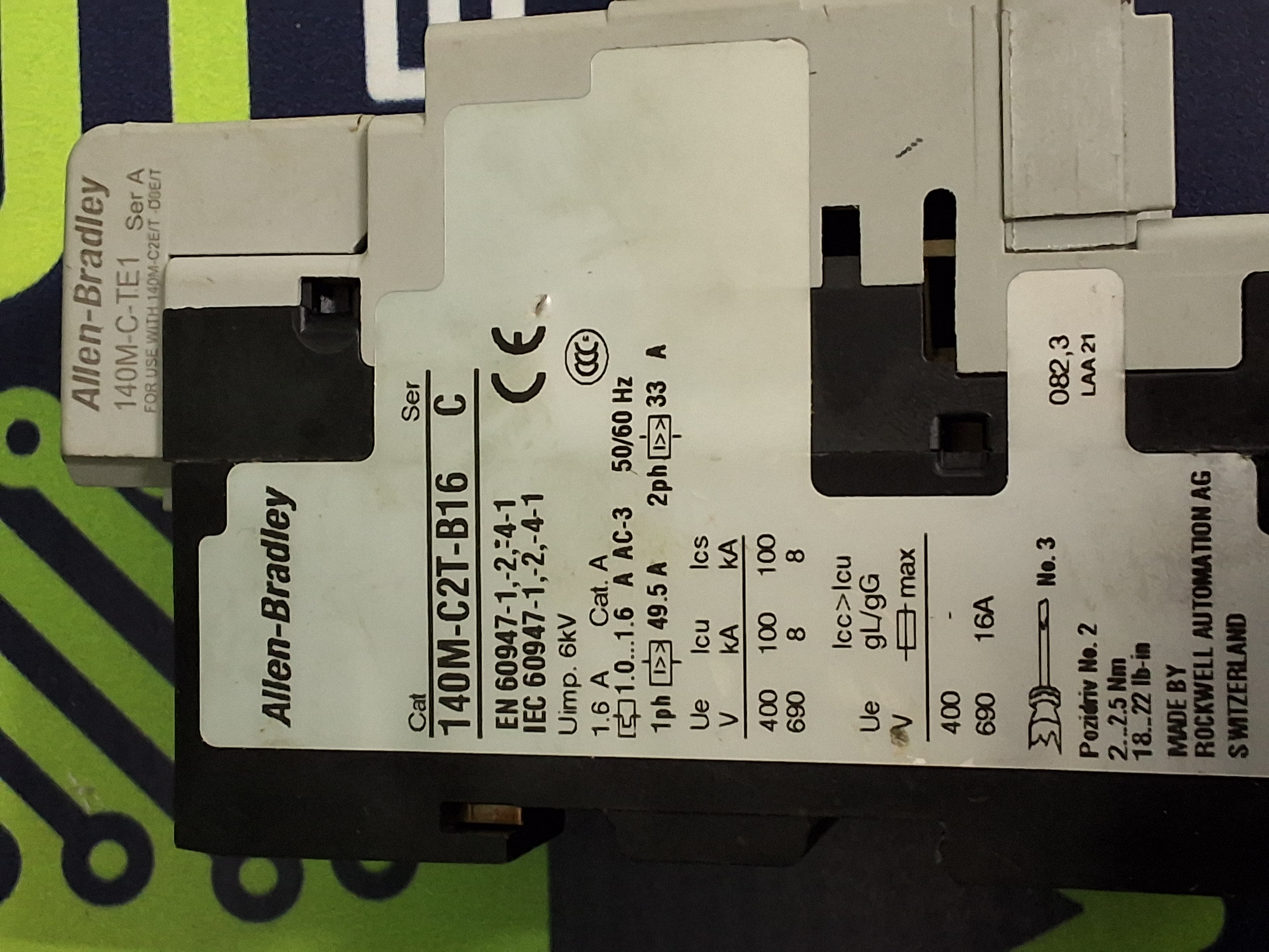 Used ALLEN-BRADLEY 140M-C2T-B16 / 140M-C2T CIRCUIT BREAKER 2-PHASE 33A 50/60Hz