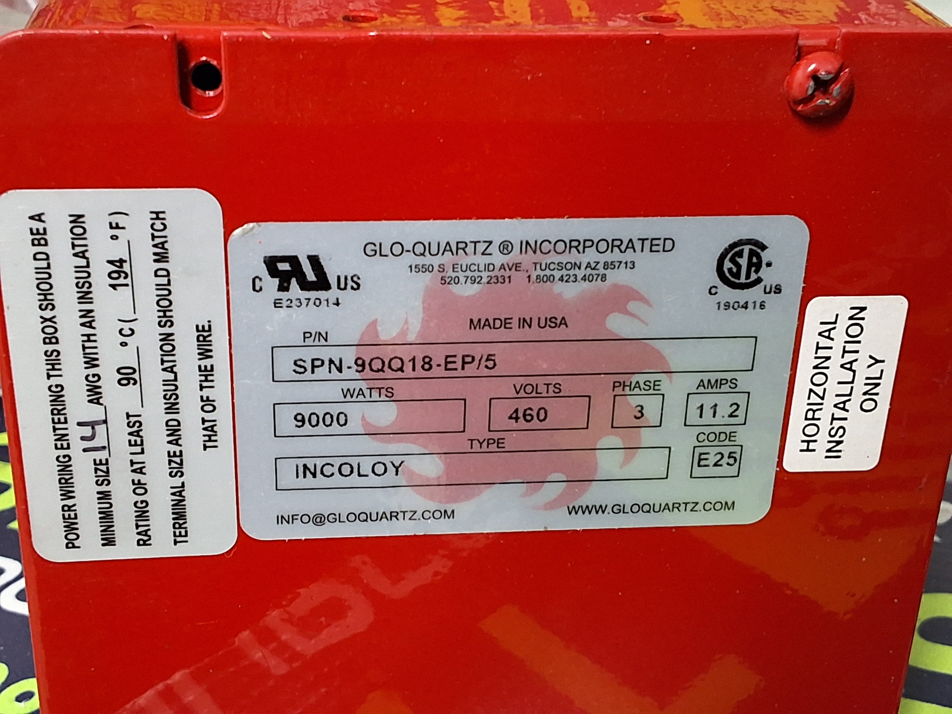 GLO-QUARTZ SPN-9QQ18-EP/5 IMMERSION HEATER 9000W 460V 3-PHASE 11.2A - BRAND NEW