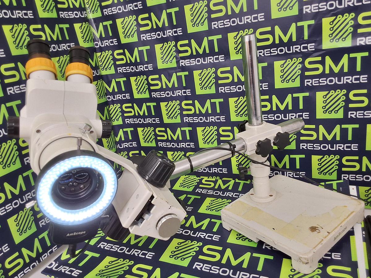 Used AMSCOPE MICROSCOPE WITH LED RING LIGHT AND BOOM STAND 