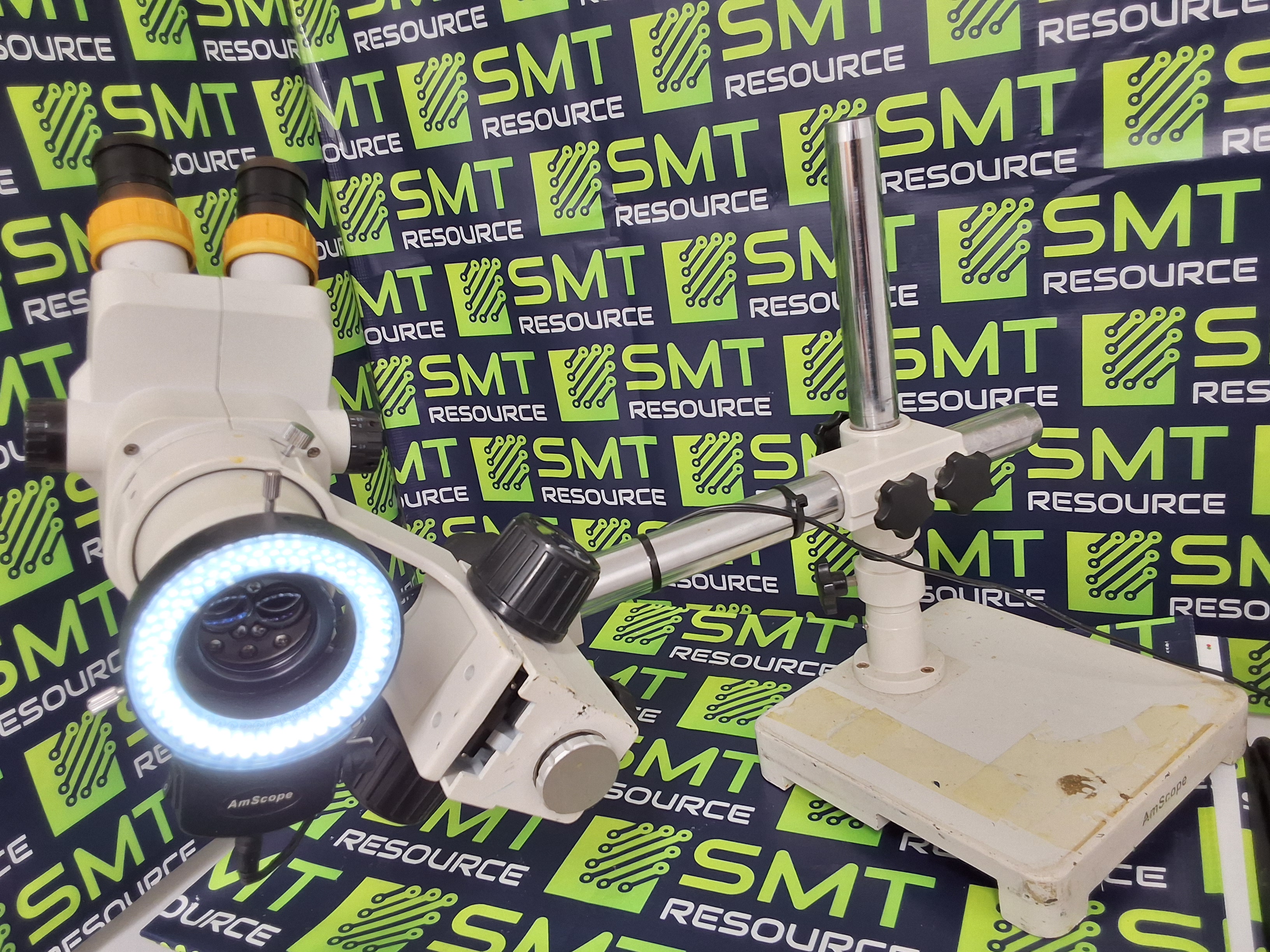 Used AMSCOPE MICROSCOPE WITH LED RING LIGHT AND BOOM STAND 