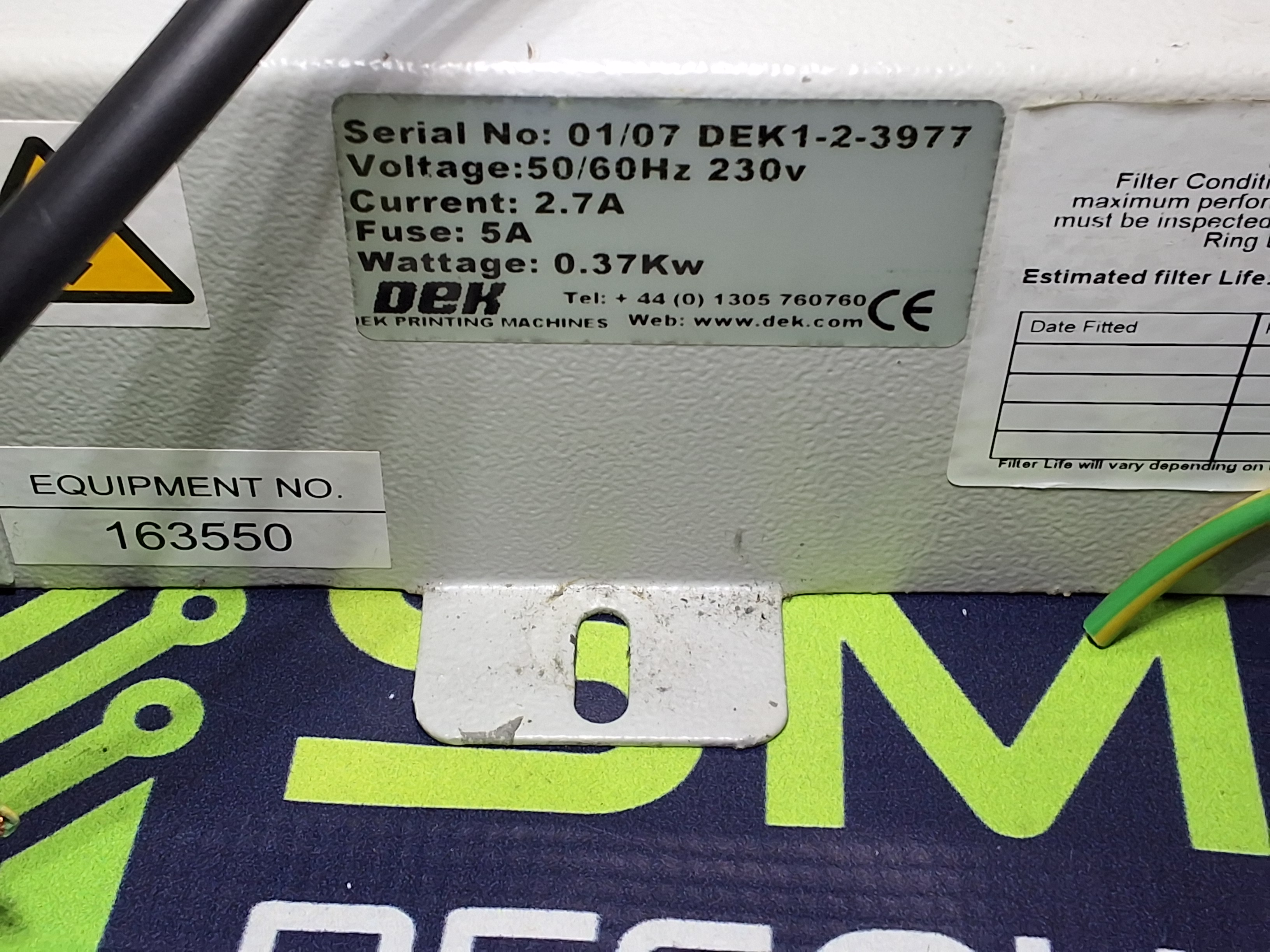 Used DEK 163552 VF25 MAIN FILTER SCREEN PRINTER VACUUM PUMP ASSEMBLY 163550