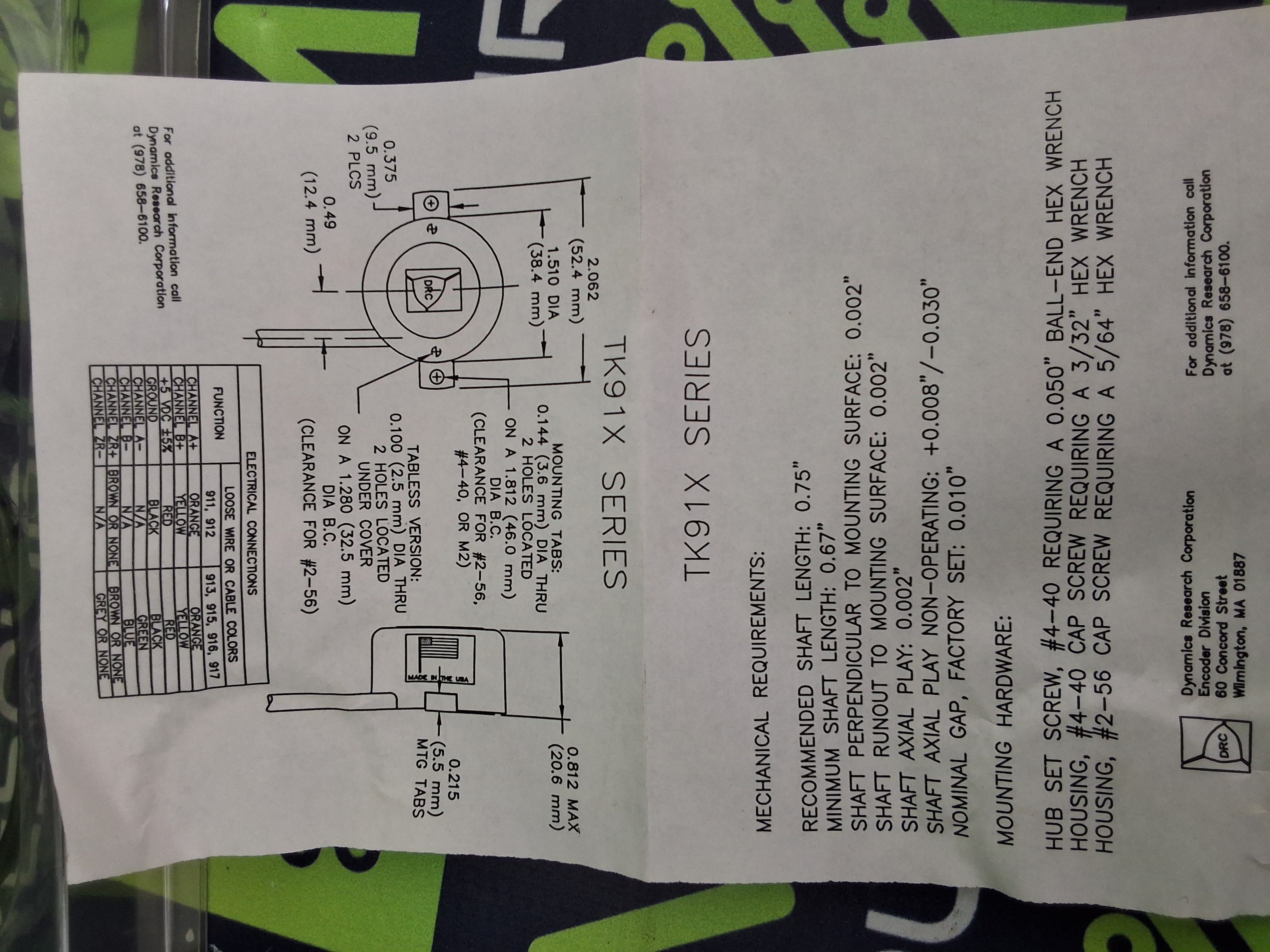 GSI Lumonics / DRC Optical Encoder TK916-051 1000-C TK91X SERIES ENCODER - NEW