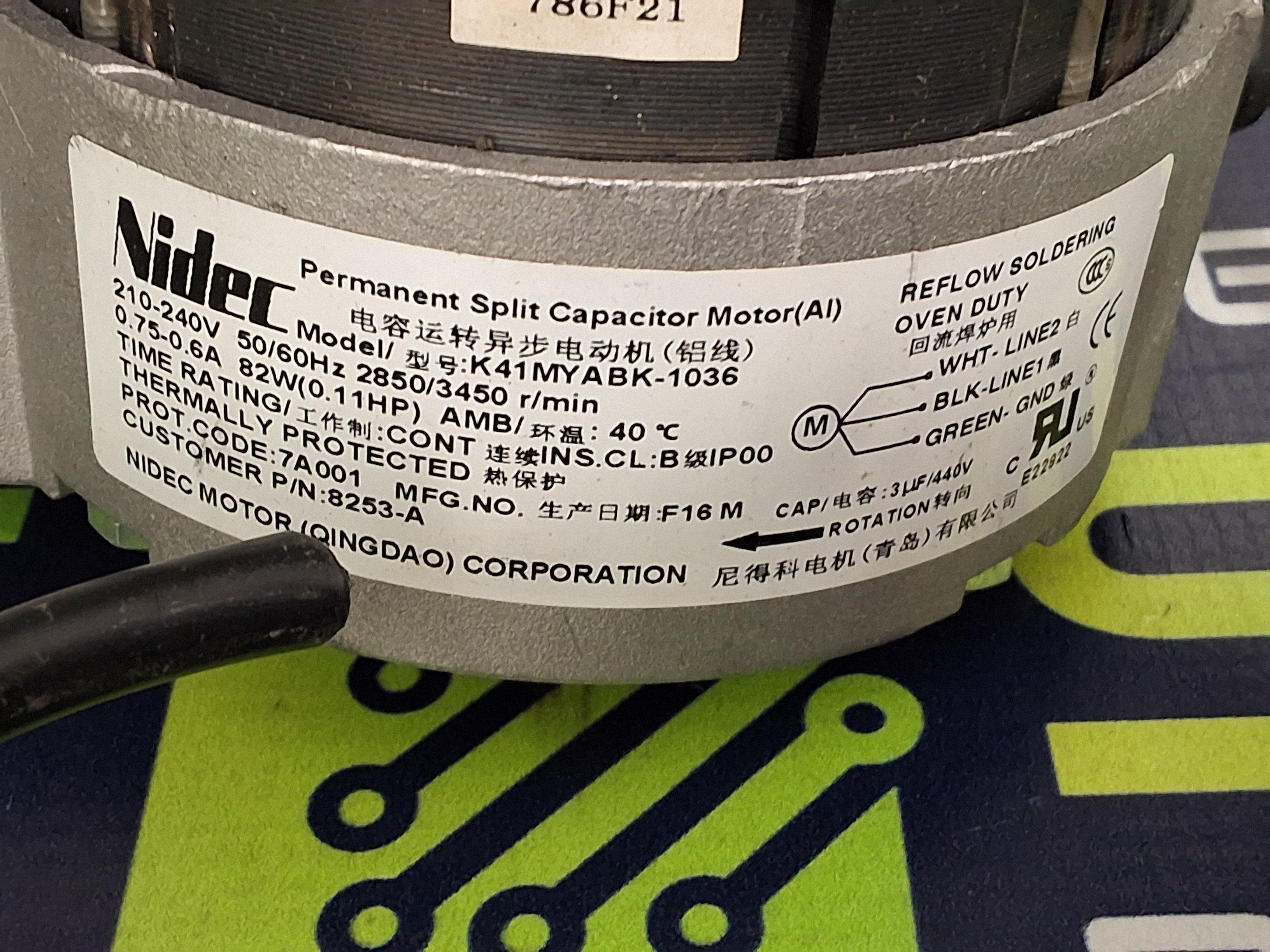 Used NIDEC / HELLER K41MYABK-1036 PERMANENT SPLIT CAPACITOR AC BLOWER MOTOR 210–240V