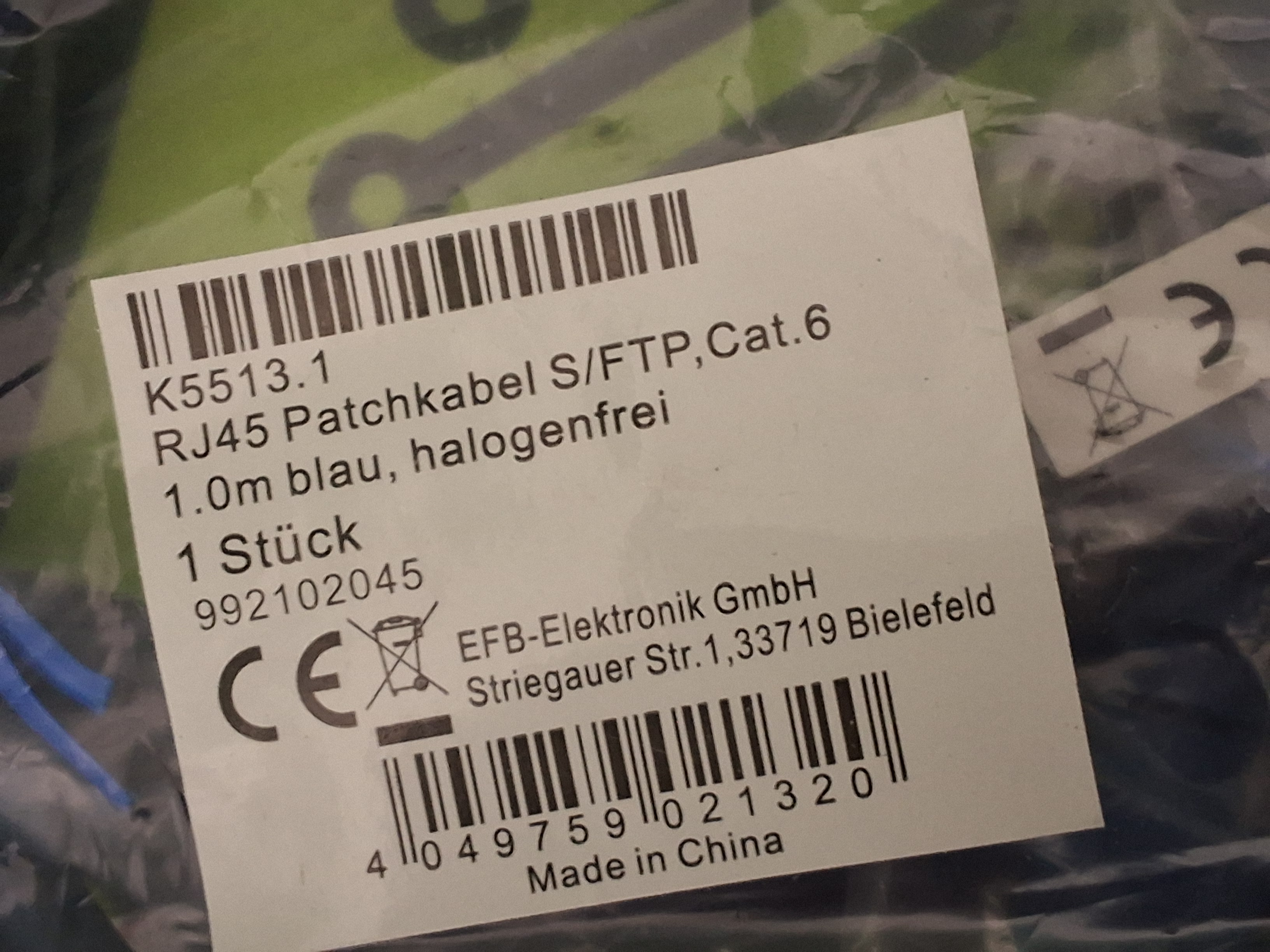 RJ45 K5513.1 Cat6 S/FTP patch cable 1 meter - BRAND NEW
