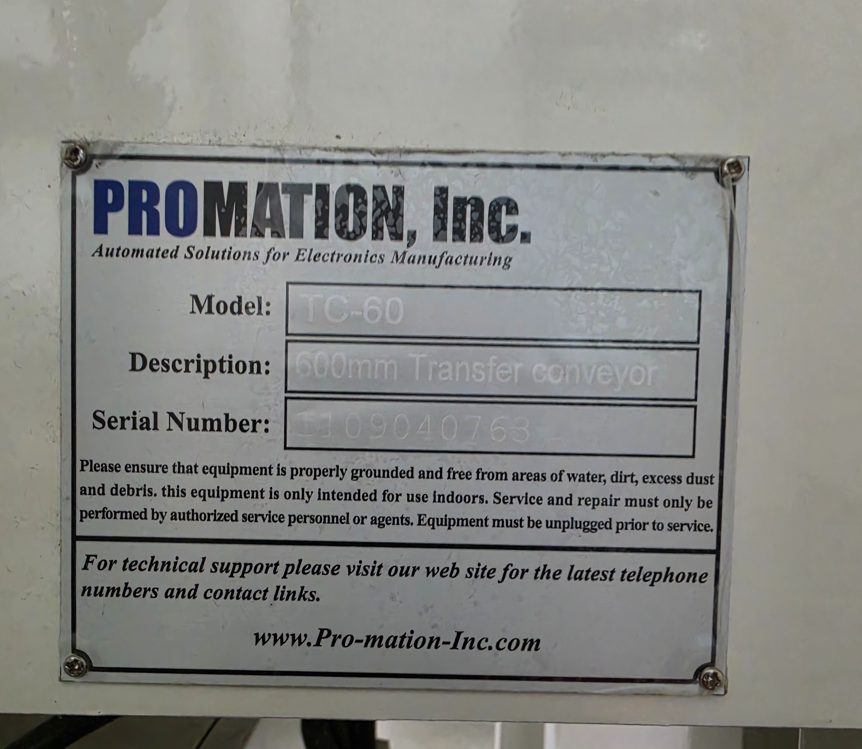 Used Promation TC-60 Transfer Conveyor