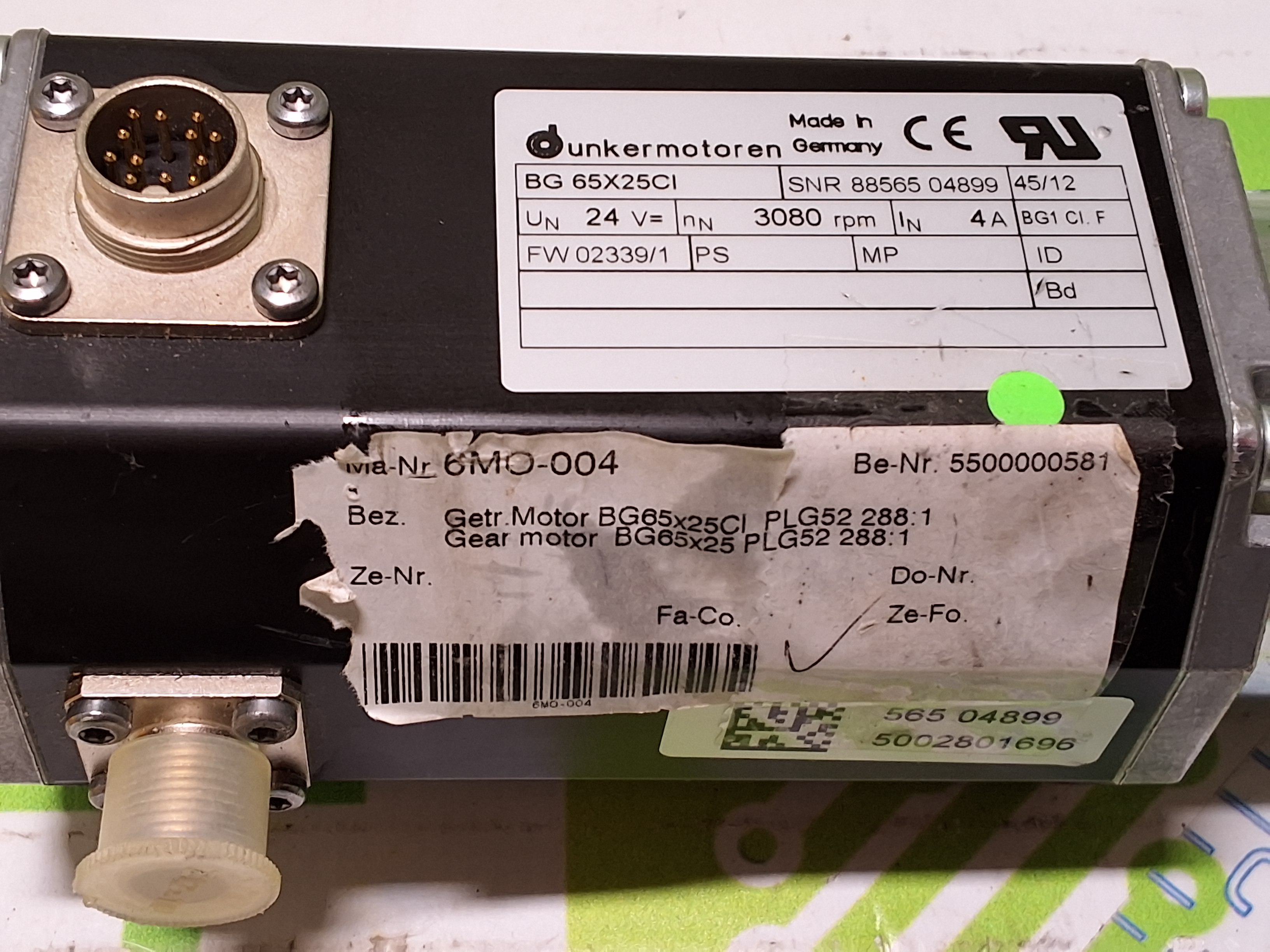 Used DUNKERMOTOREN BG 65X25CI SERVO MOTOR WITH PLG 52 288:1 GEARHEAD - LIKE NEW