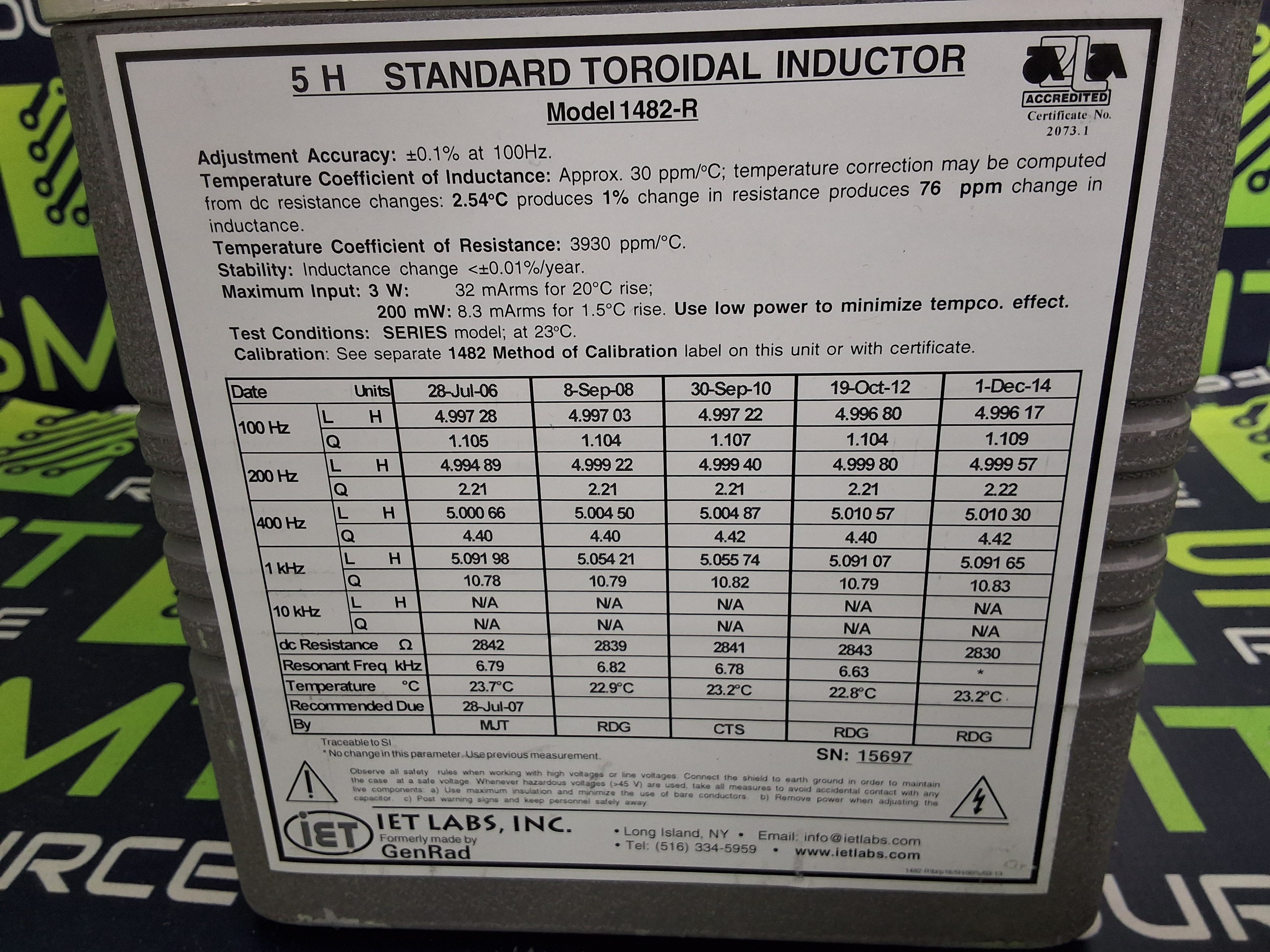 Used GENERAL RADIO COMPANY GenRad IET LABS 1482-T STANDARD INDUCTOR 10H ±0.1%