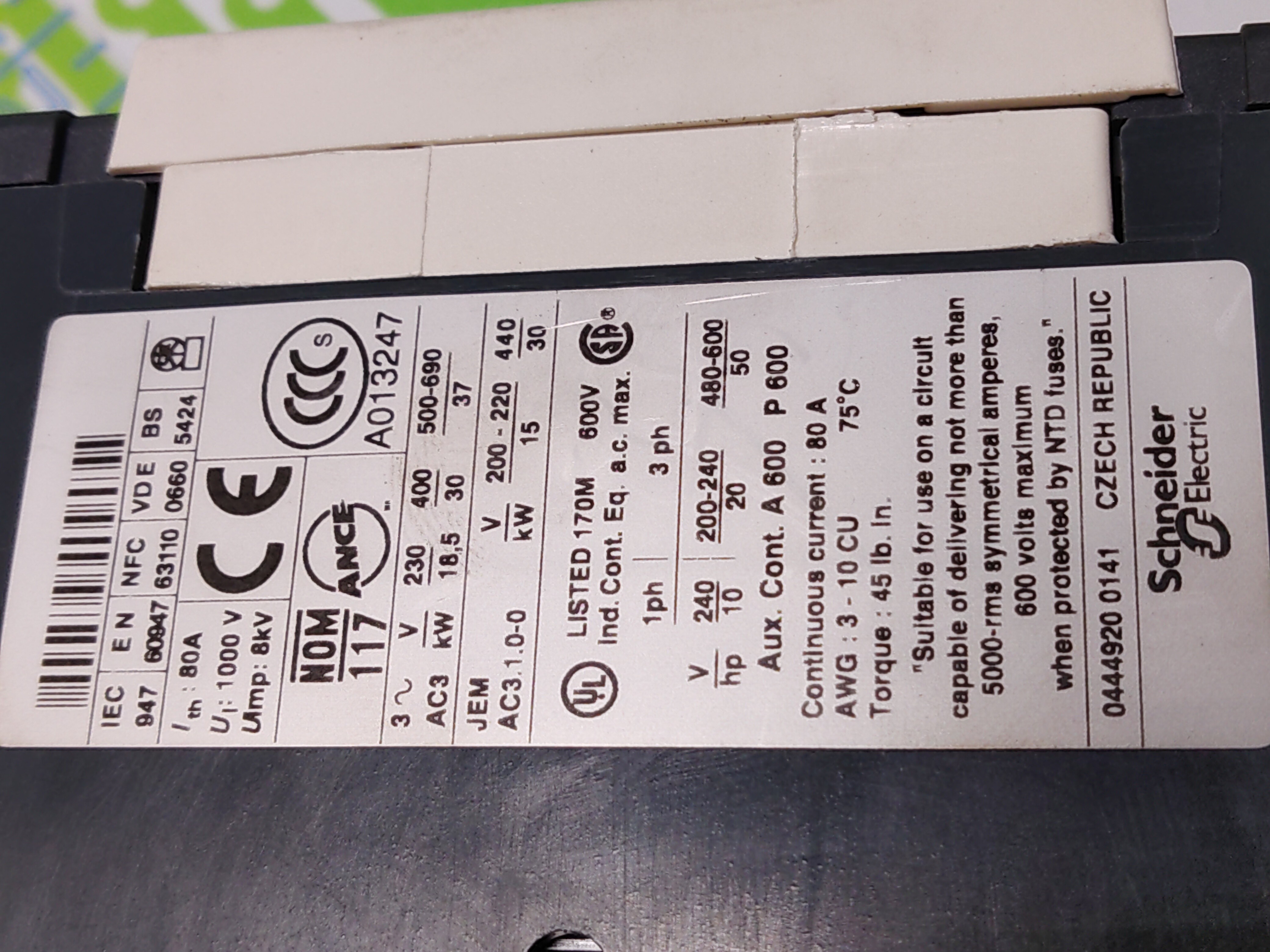 Used SCHNEIDER ELECTRIC TELEMECANIQUE LC1 D65 (LP1 D6511) CONTACTOR A013247