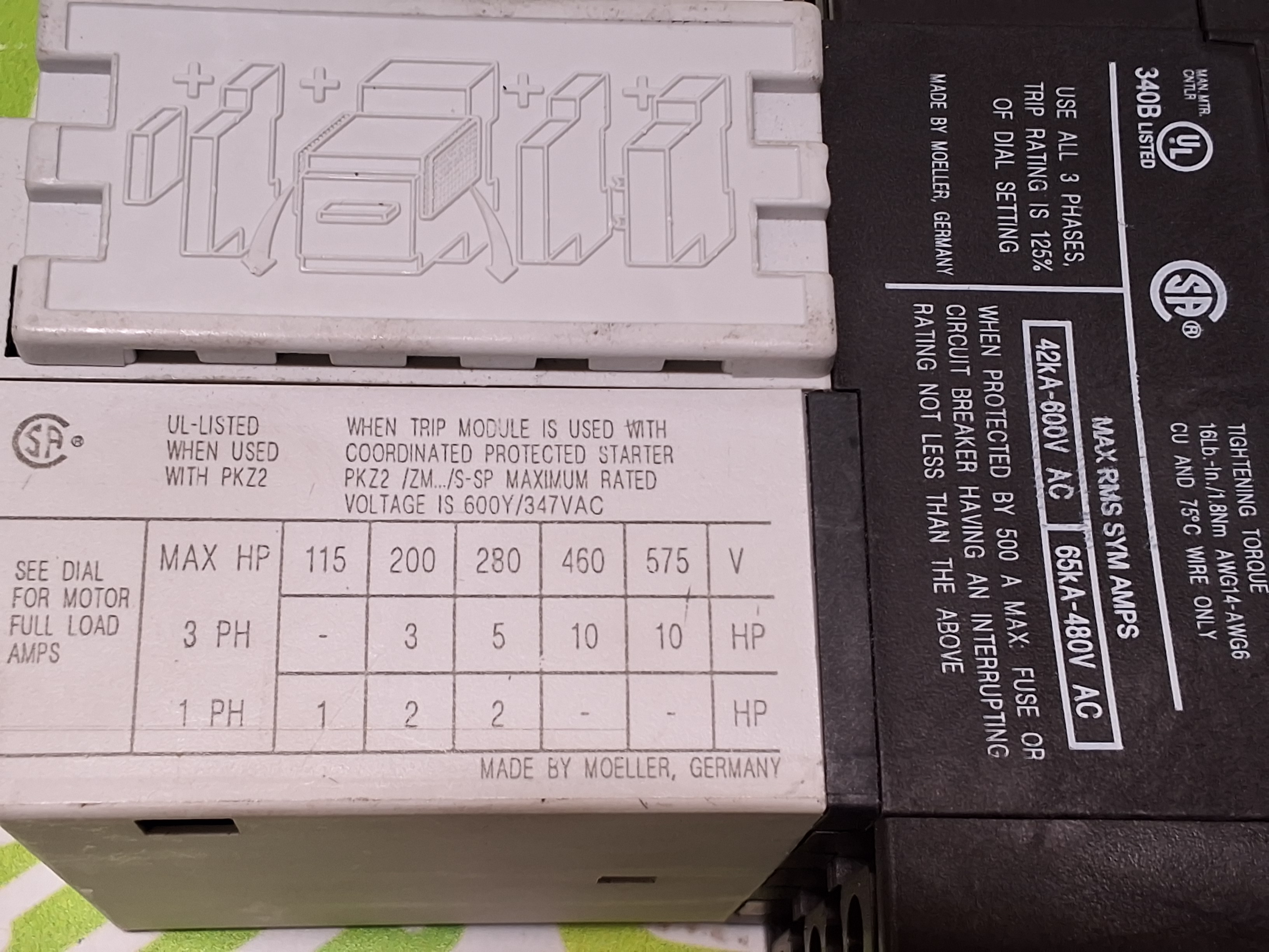 Used MOELLER ZM-16-PKZ2 TRIP MODULE WITH PKZ 2 CIRCUIT BREAKER