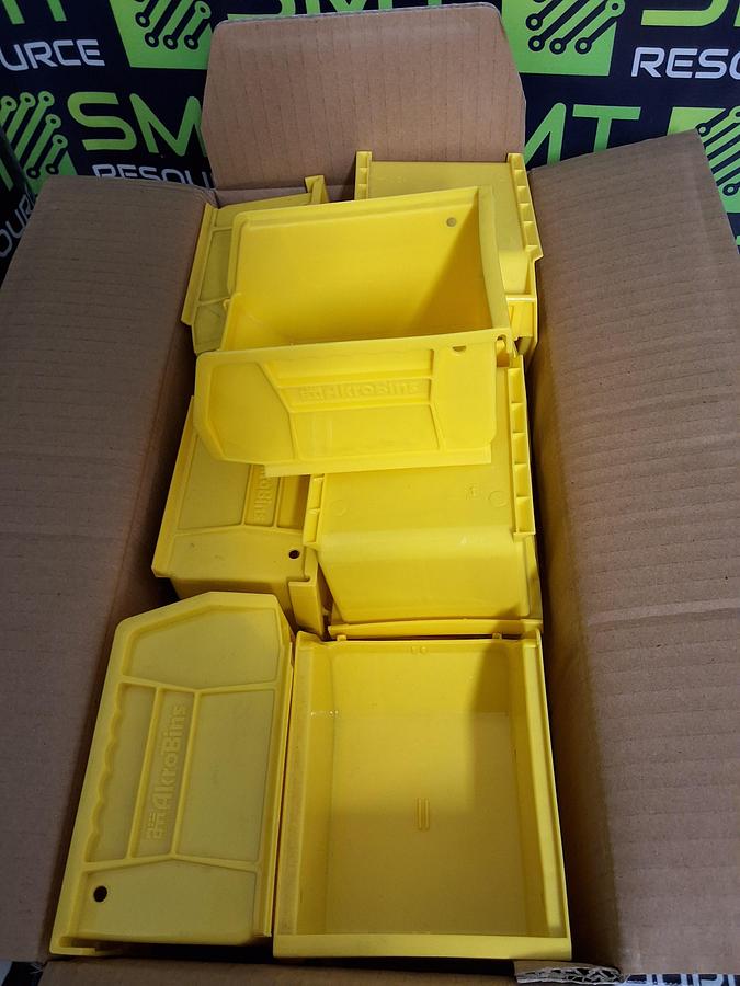 Used AKRO 30-210 YELLOW PLASTIC STACKABLE BINS 5 1⁄2 x 4 x 3in - LOT OF 17 UNITS -