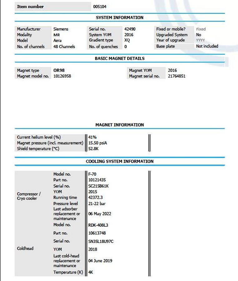 D'occasion SYSTÈME D’IRM SIEMENS Aera 1.5T