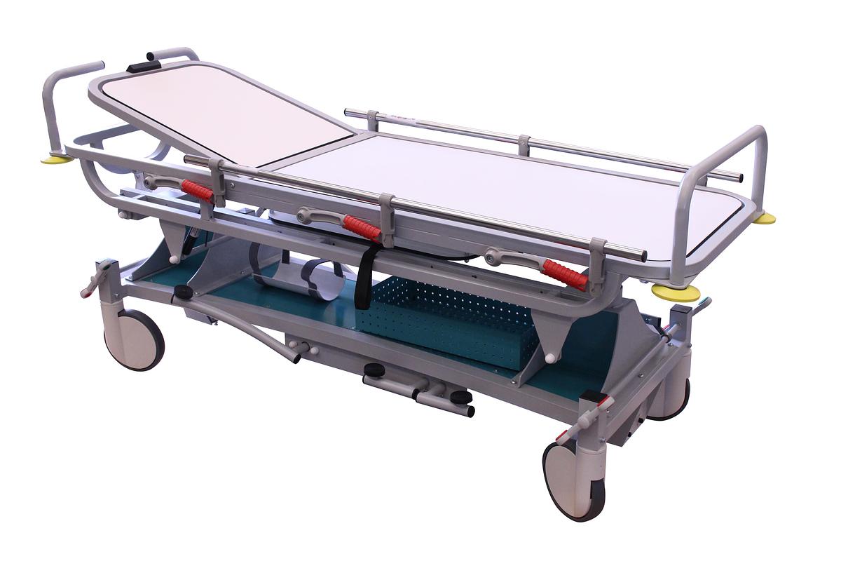 Neuf BRANCARD À HAUTEUR VARIABLE AVEC DESSUS RADIOTRANSPARENT ET TIROIR POUR PLAQUES RADIOLOGIQUES CALDARA