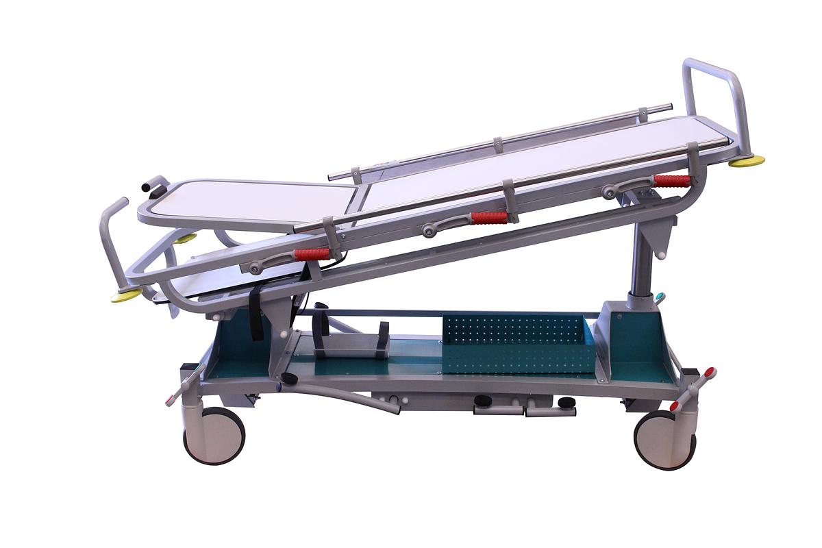 Neuf BRANCARD À HAUTEUR VARIABLE AVEC DESSUS RADIOTRANSPARENT ET TIROIR POUR PLAQUES RADIOLOGIQUES CALDARA