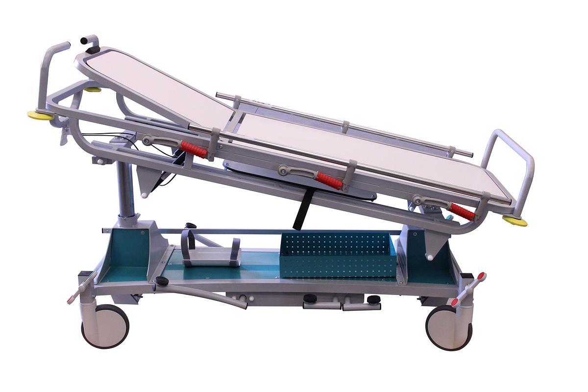 Neuf BRANCARD À HAUTEUR VARIABLE AVEC DESSUS RADIOTRANSPARENT ET TIROIR POUR PLAQUES RADIOLOGIQUES CALDARA