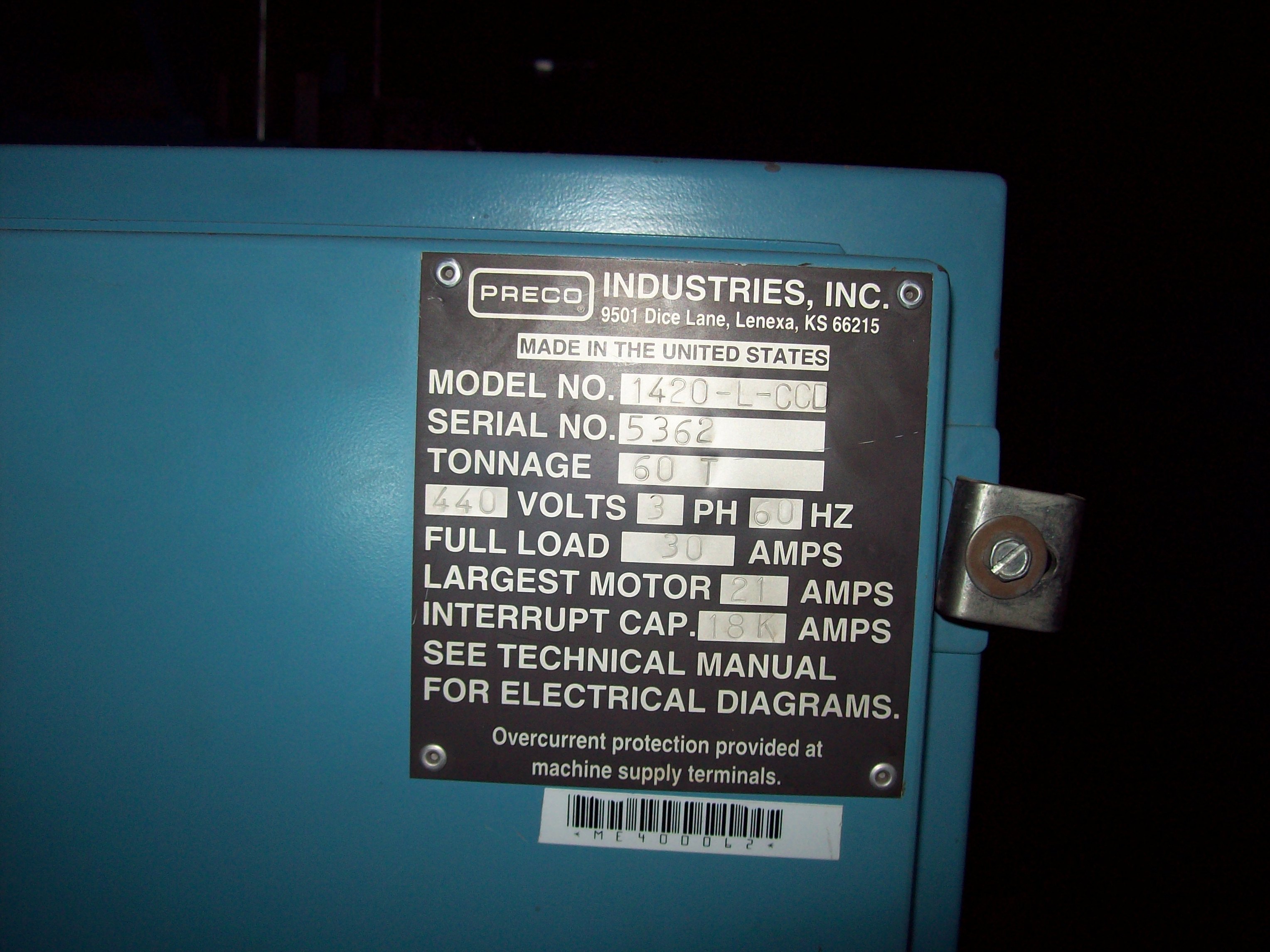 Used 60 Ton PRECO Model 1420-L-CCD 4-Post Down Acting Hydraulic Press